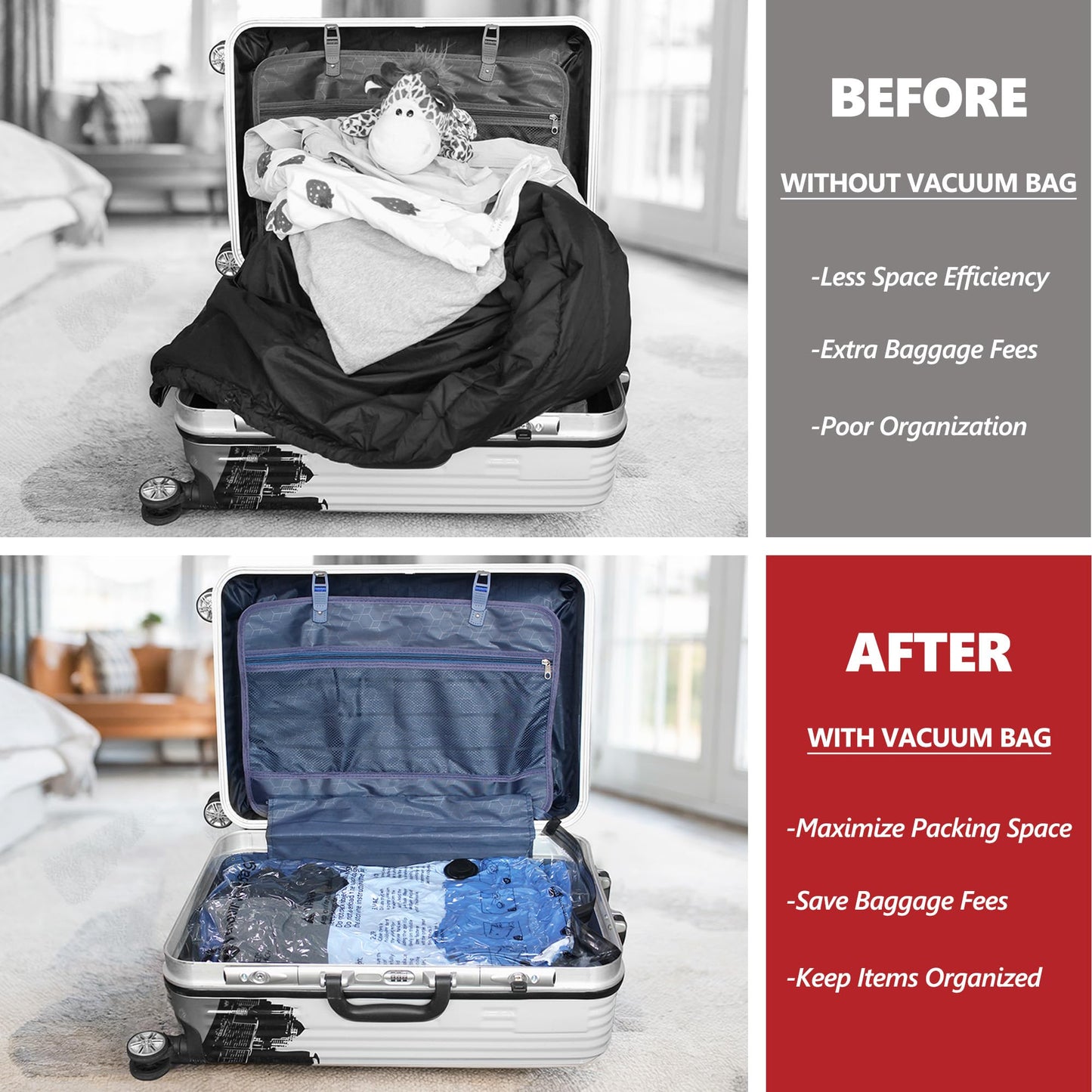 Vacuum Seal Bags for Clothing Travel and Home Storage, Travel Vacuum Bags with Electric Pump, Space Saver Compression Packing Cubes for Luggage Suitcase Bedding Blankets Clothes, 8 Large