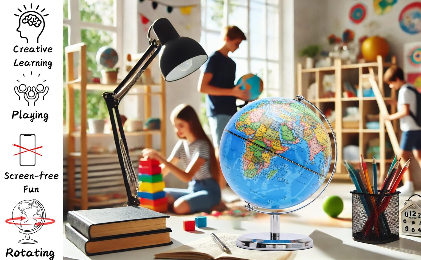 Exerz 20cm World Globe (8 Inch) – Political Map in English, Educational Geography Tool for Kids & Students, Rotating Desk Display with Stainless Steel Base for Home Office