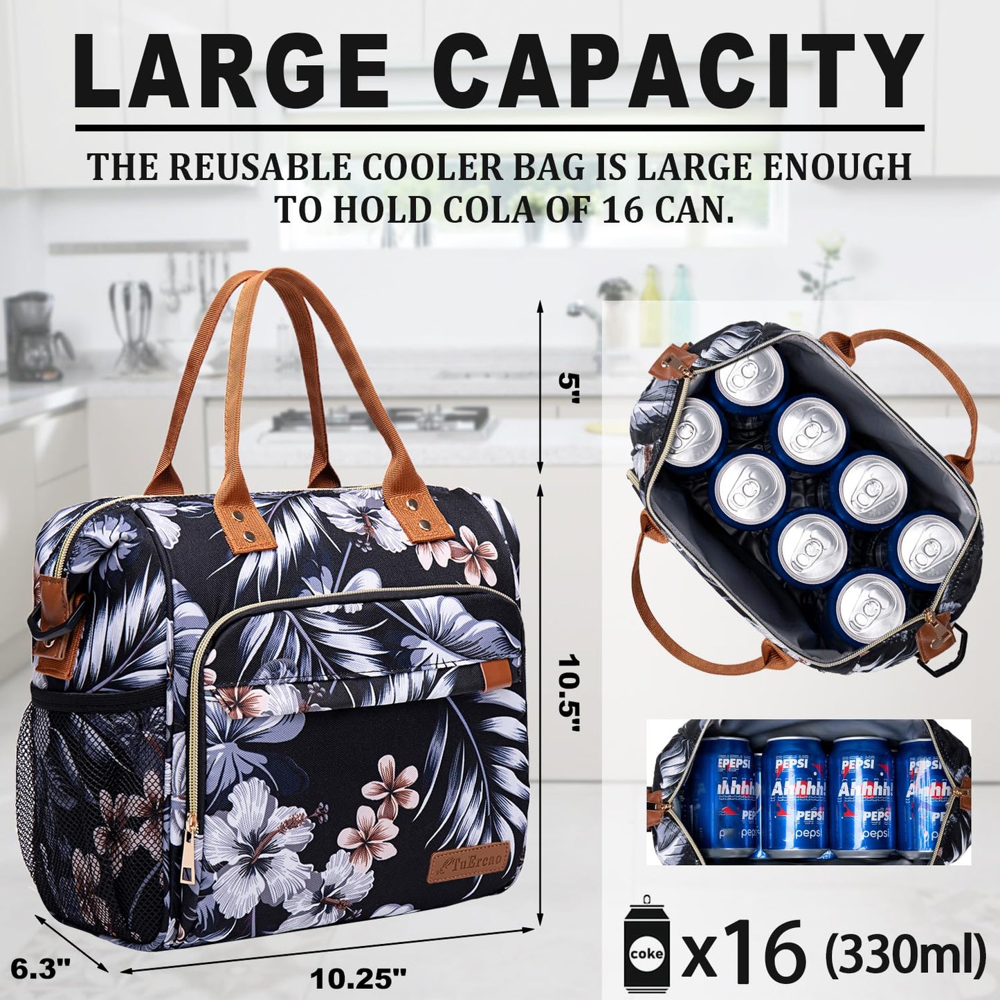 TuErcao Lunch Bags for Women - Boite a Lunch Femme Reusable Adult Sac a Lunch for Work, Hibiscus