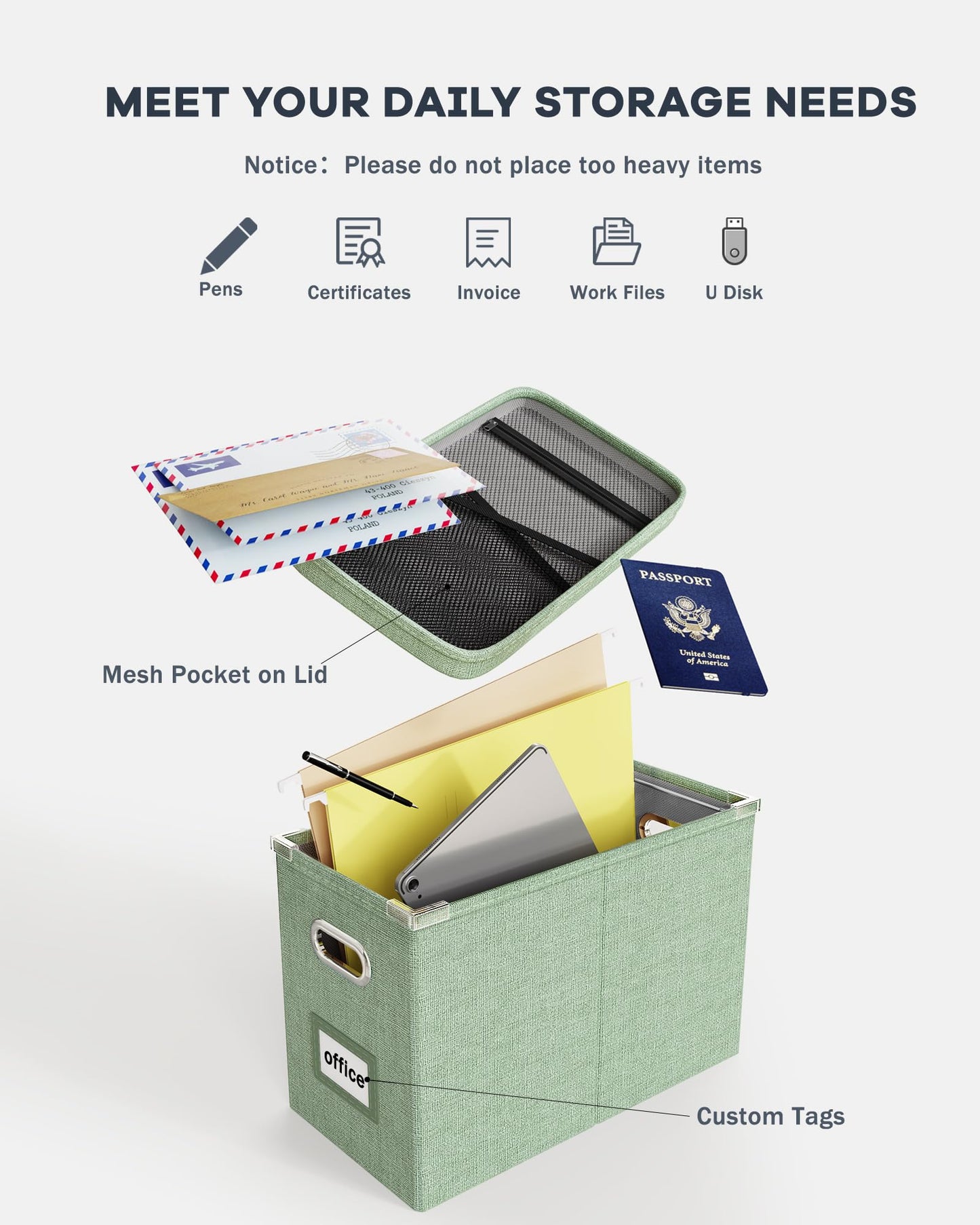 Oterri File Boxes with Lids, File Organizer Box for Letter Size Files Storage, Portable Filing Box with Handle and Mesh Bags, Hanging File Folder Box for Office/Home/School(2 Pcs, Green)