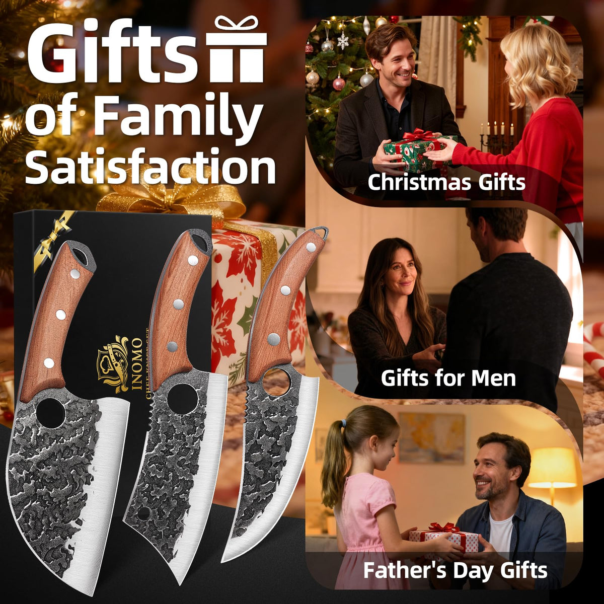 3-Piece Kitchen Knife Set – Serbian Chef's Knife,Cleaver Knife, Boning Knife, 3Pcs High Carbon Steel Hand Forged Knife Set with Ergonomic Handles for Kitchen Outdoor Cooking, Birthday Gifts for Men