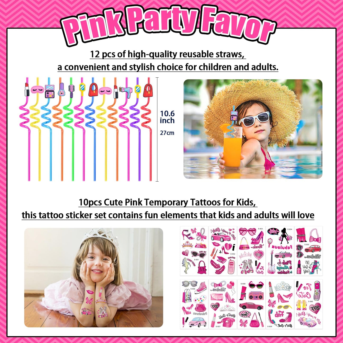 132Pcs Pink Birthday Party Favors Supplies with Goodie Candy Boxes Stuffers Includ Straw Glasses Bubble Stick Bracelet Keychain Tattoo Stickers Etc for Girls Birthday Party Decorations Supplies