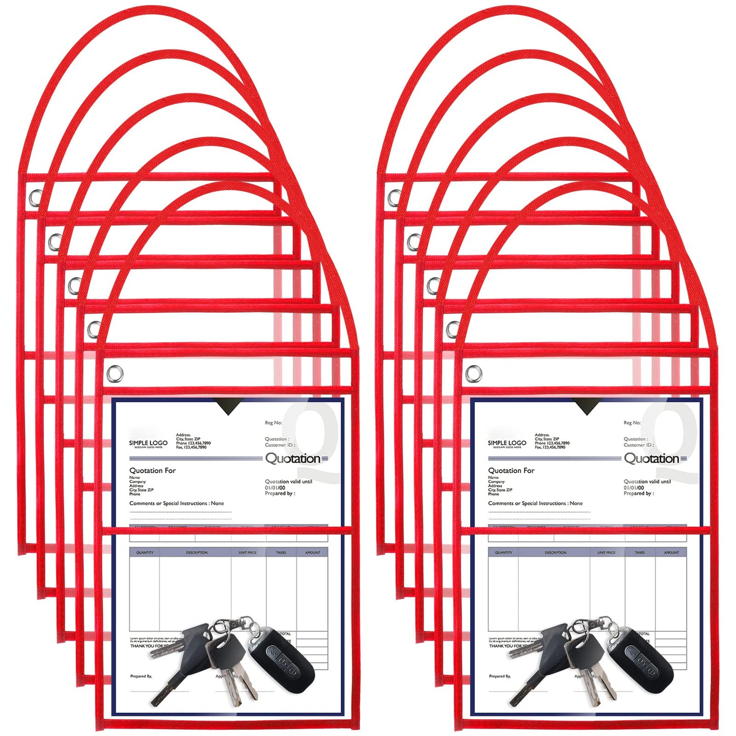 Epakh 30 Pack Shop Ticket Holders 9 x 12 Inch Work Order Plastic Sleeves Job Ticket Holders Dry Erase Repair Order Sleeves with Hanging Strap, Both Sides Clear(Red)