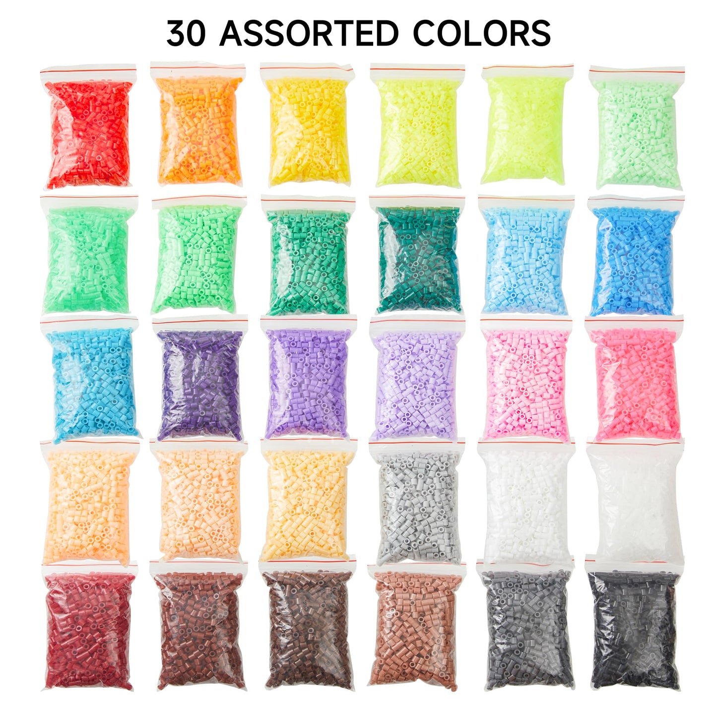30,000 Fuse Beads Kit-30 Individual Packs of Iron Beads Set with 3 Pegboards, 5 Ironing Paper, 10 Patterns, Gifts for Birthday Christmas, Multicolor 5mm Melty Beads Bulk Refill Kit