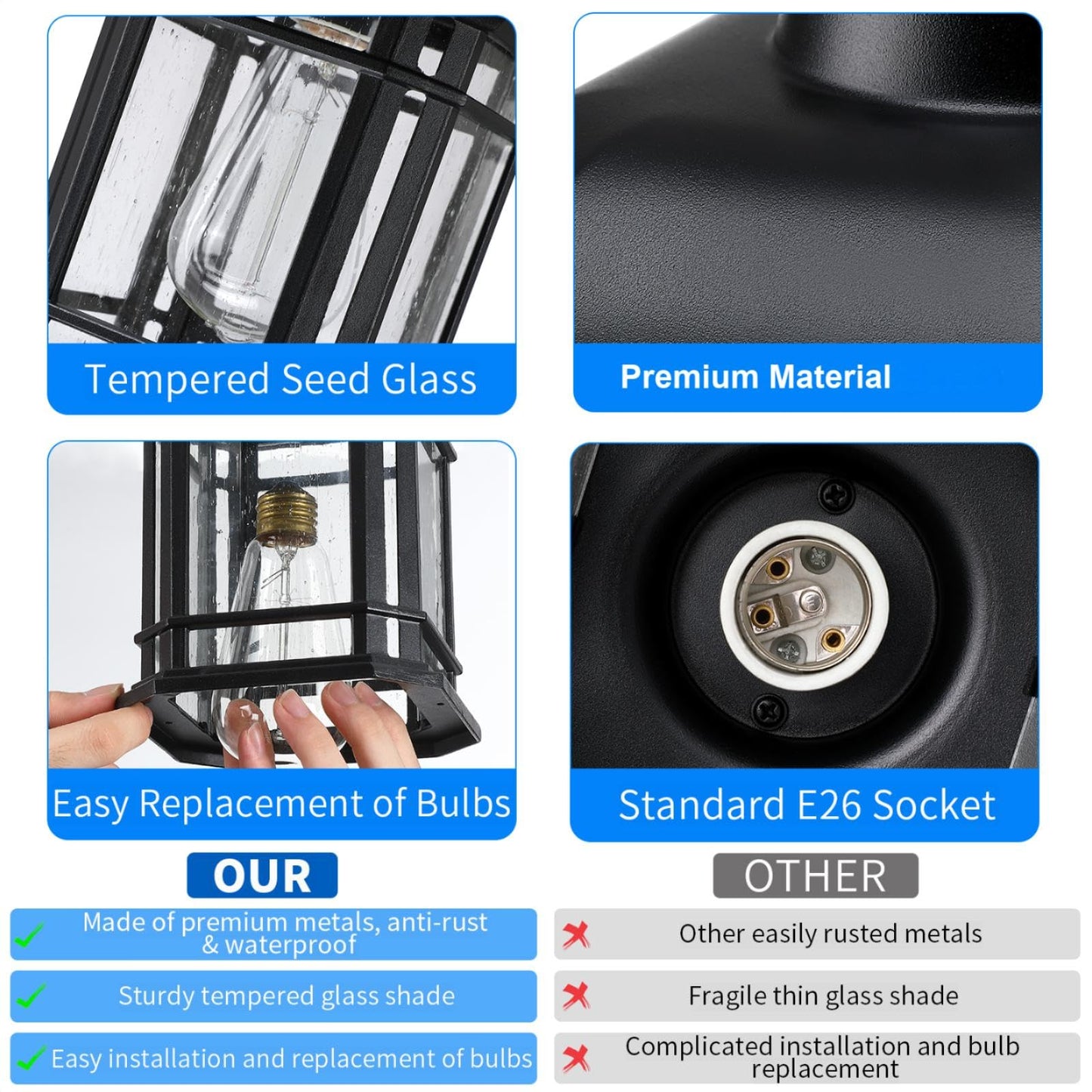 MYHXQ 11'' Outdoor Pendant Lights for Porch, Black Exterior Hanging Lanterns Outdoor, Farmhouse Outdoor Ceiling Light Fixture, Waterproof Tempered Seed Glass Outdoor Chandelier, 1Pack