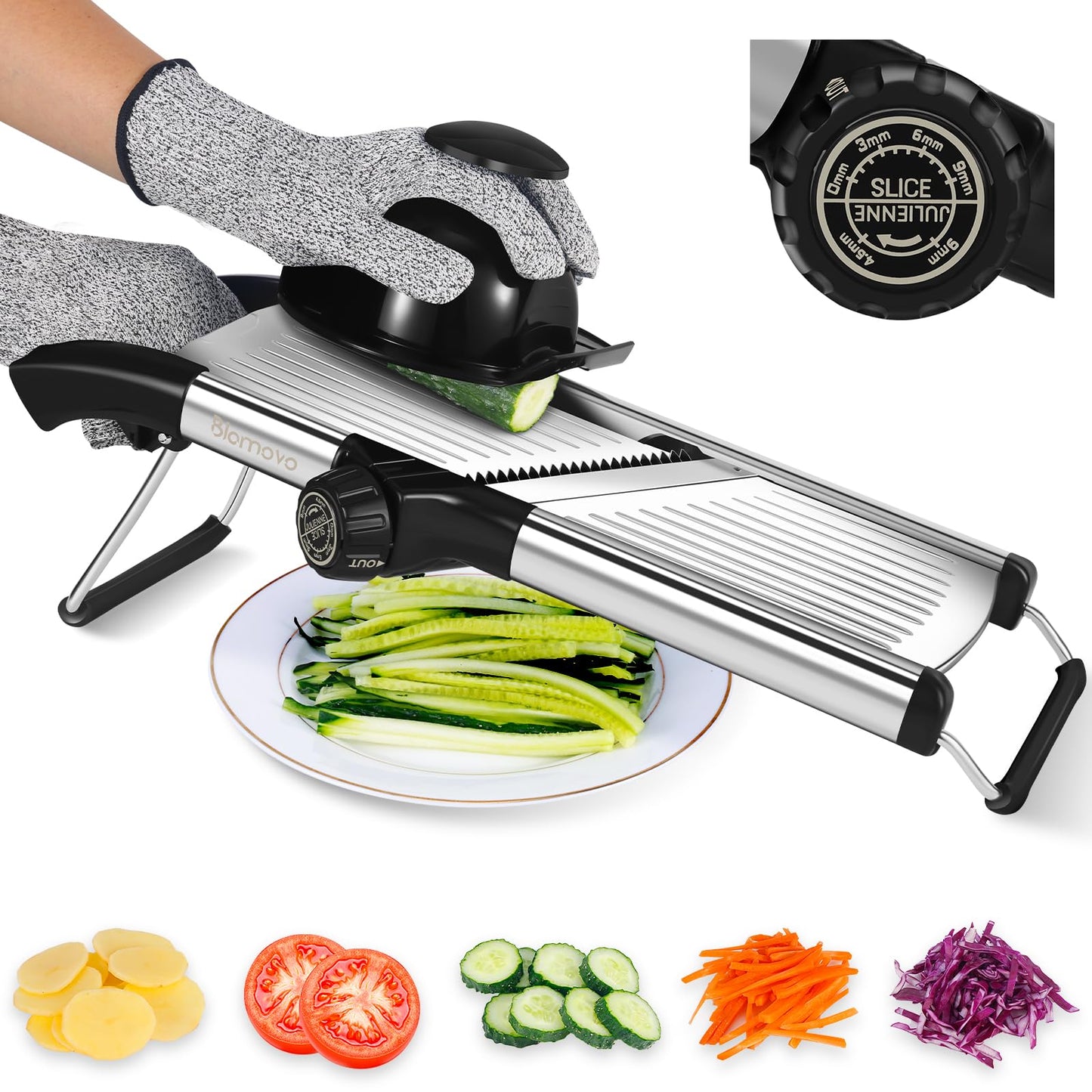 Blamovo Mandoline Slicer for Kitchen, Mandolin Vegetable Slicer Julienne with Knob Control, Adjustable Thickness (Safety Gloves Included)