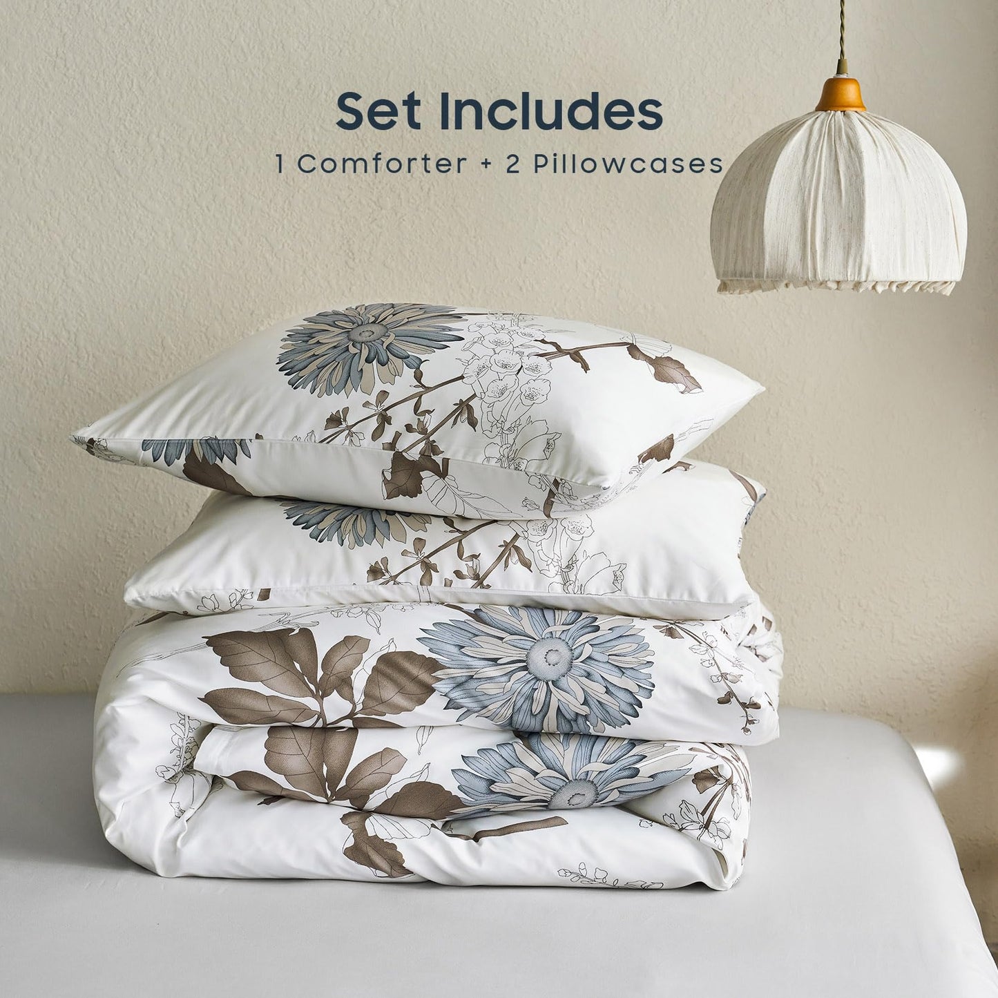 Wake In Cloud - Floral Comforter Set, Botanical Flowers Pattern Printed, Soft Microfiber Bedding (3pcs, Queen Size)