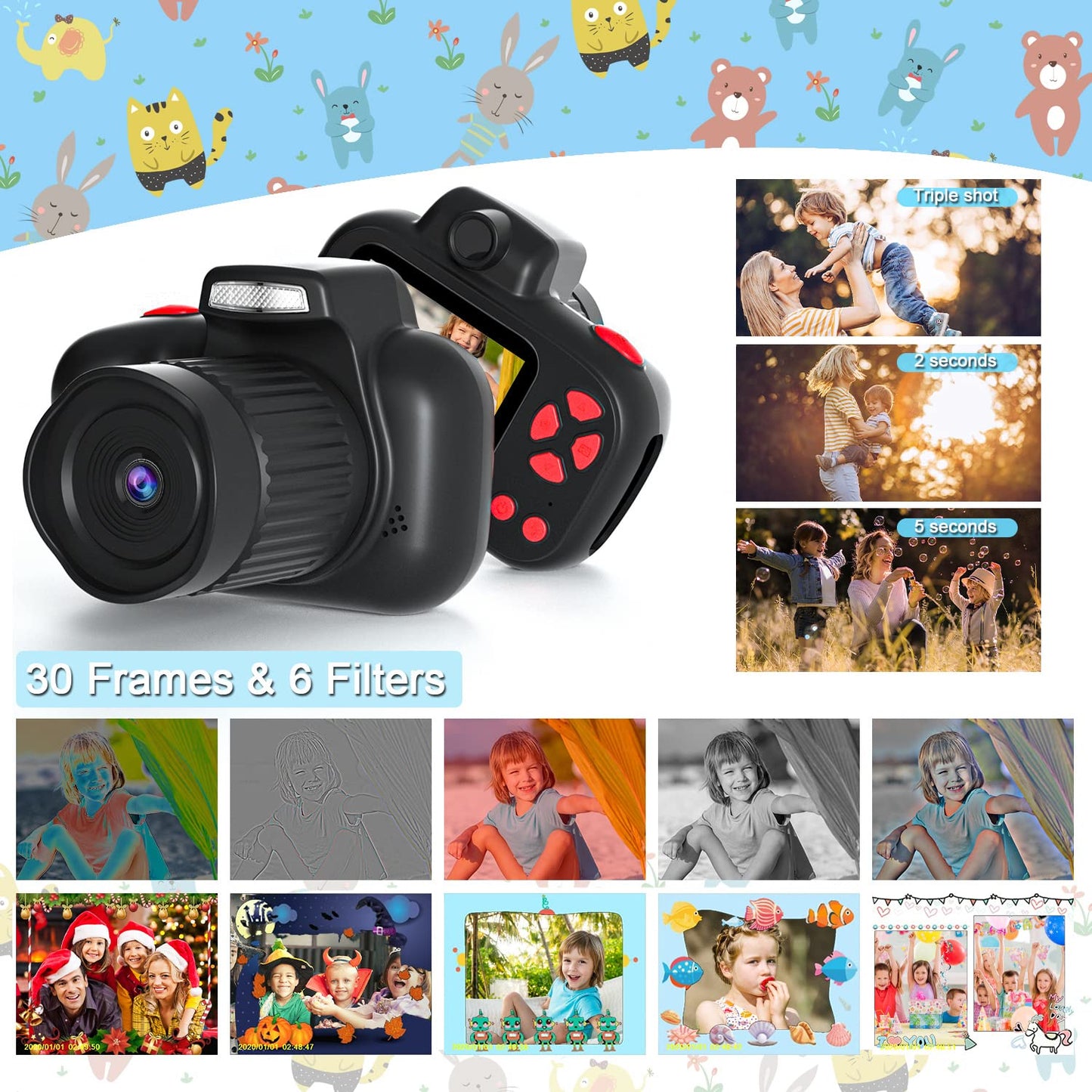 CIMELR Kids Camera, Digital Camera for Kids 4-12 Year Old Boys/Girls, 2.4 inch IPS Screen Toddler Camera, Christmas Birthday Gifts, Video Camcorder with Fill Light, 32GB TF Card (Black)