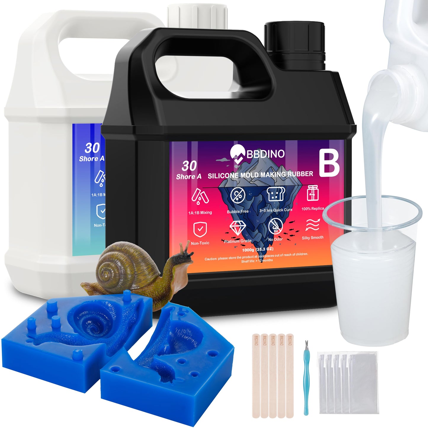 BBDINO Silicone Mold Making Kit, Liquid Silicone for Mold Making 30A, Clear 4.4 lbs High Strength Liquid Platinum Silicon, 1A:1B Mixing, Ideal for Casting Molds of Resin /Jewelry /Soap /Plaster /Concrete etc.