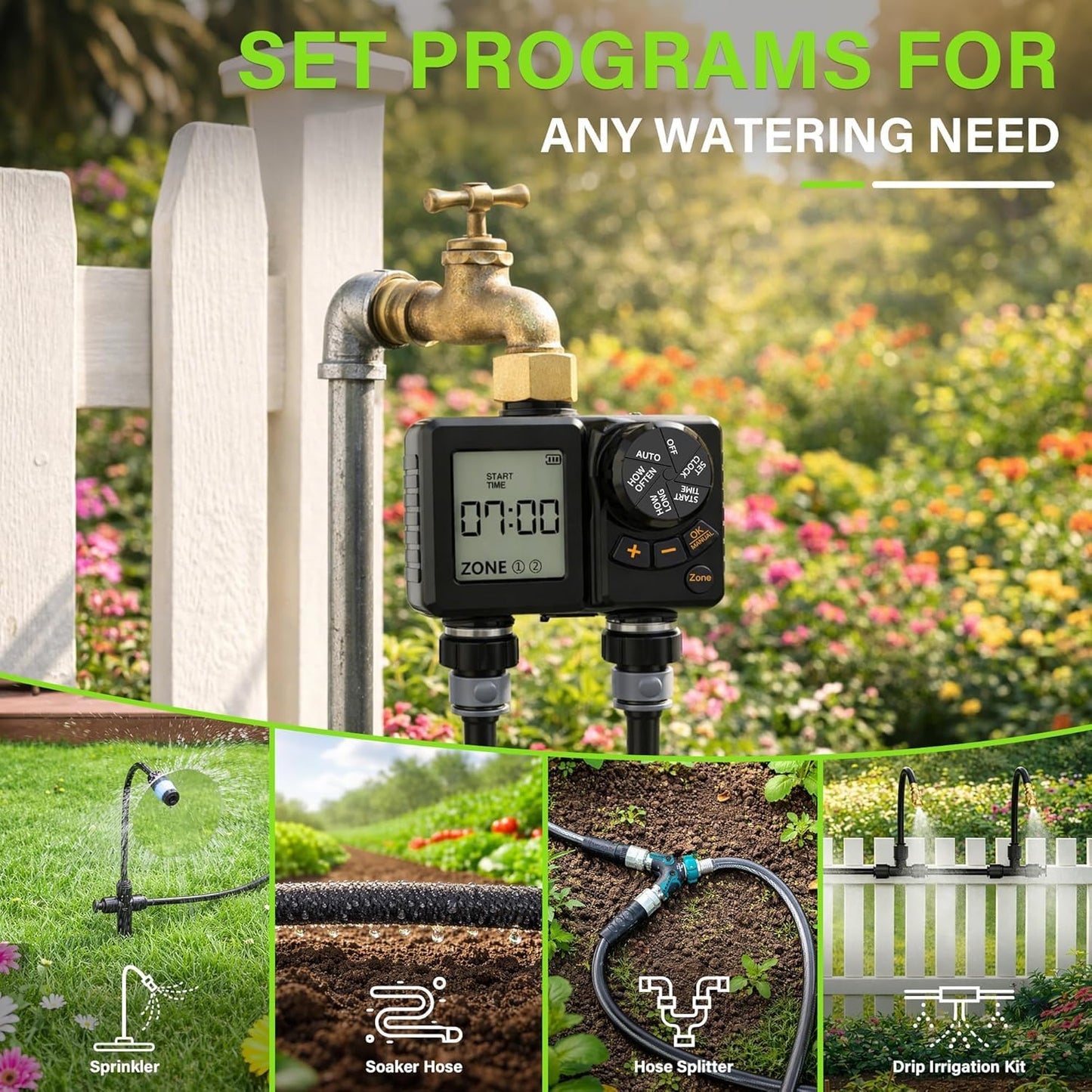 2 Zone Water Timer for Garden Hose, 2000mAh Rechargeable Sprinkler Timer with Brass Inlet, 2.8" LCD, IPX6 Waterproof, Rain Delay/Manual/Auto Mode, Hose Timer for Drip Irrigation Lawn Watering System