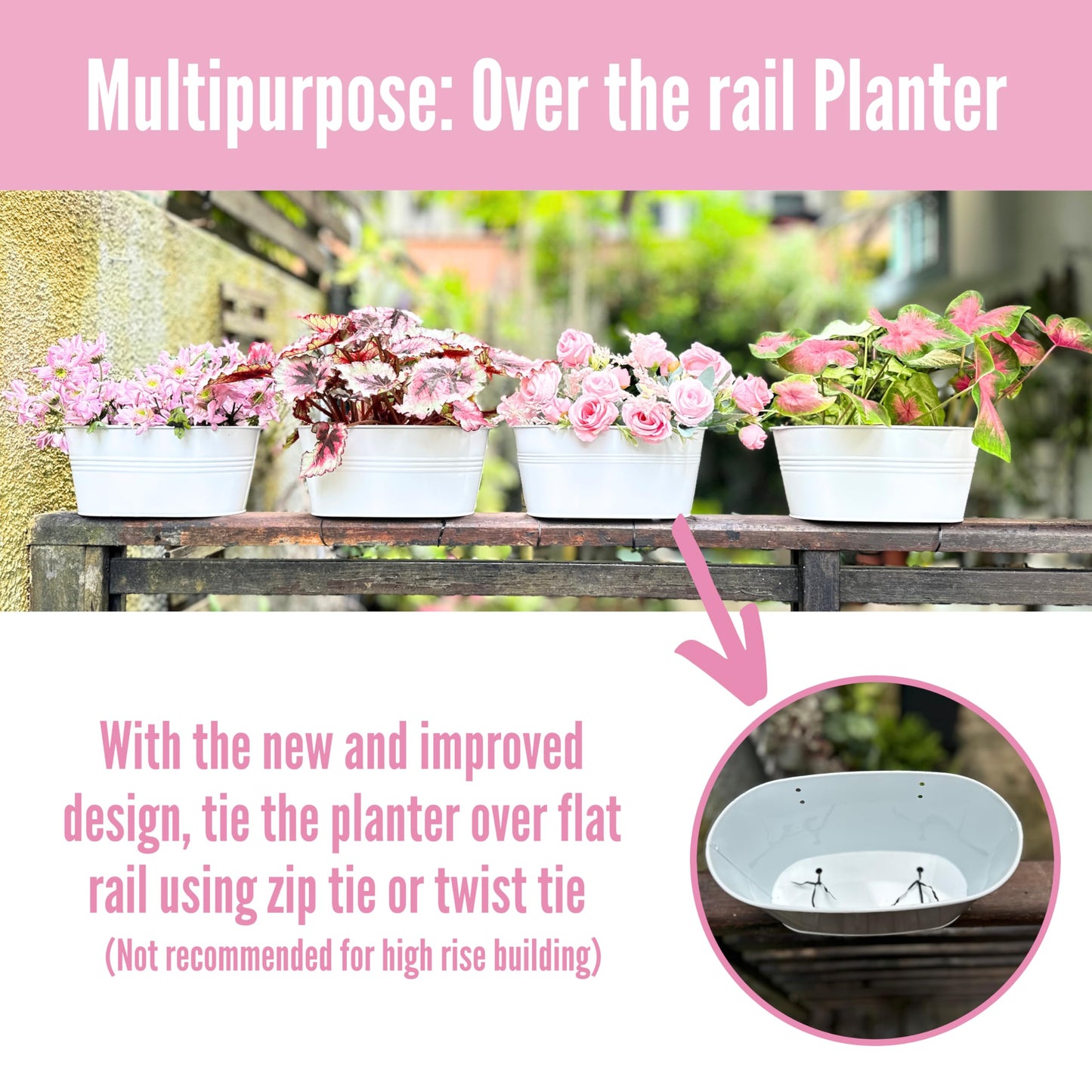 LaLaGreen Planter Boxes for Outdoor (17 Inch, 6 Pack) White Metal Deck Railing Hanging Flower Pots, Large Window Box Plant Holder Hooks Fence Rail Buckets Modern Herb Boho Style Wall Mount Porch Decor