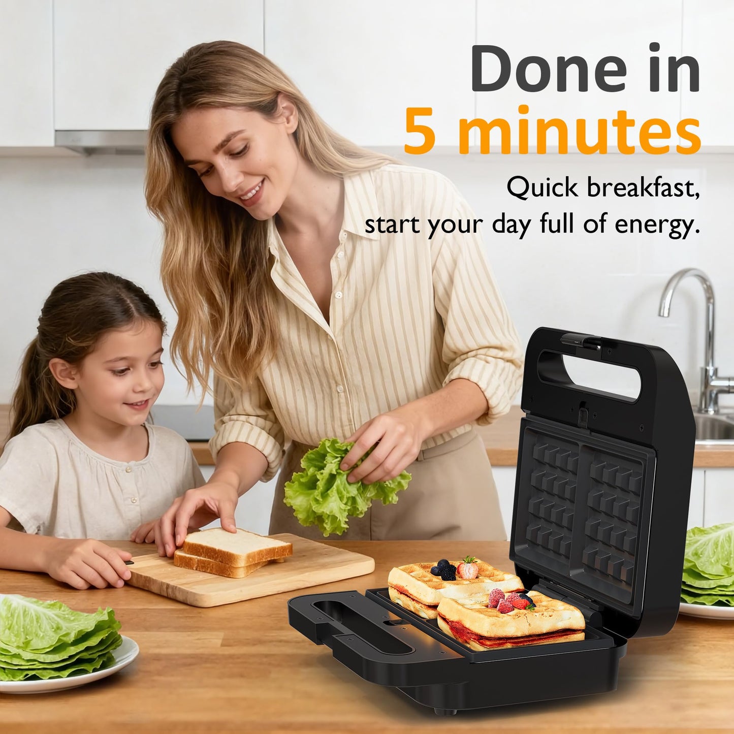 Sunvivi 3 in 1 Sandwich Maker, Electric Waffle Maker with Removable Non-stick Plates, 1000W Panini Press Grill with Glass Top, Cool Touch Handle & Easy to Clean, Black