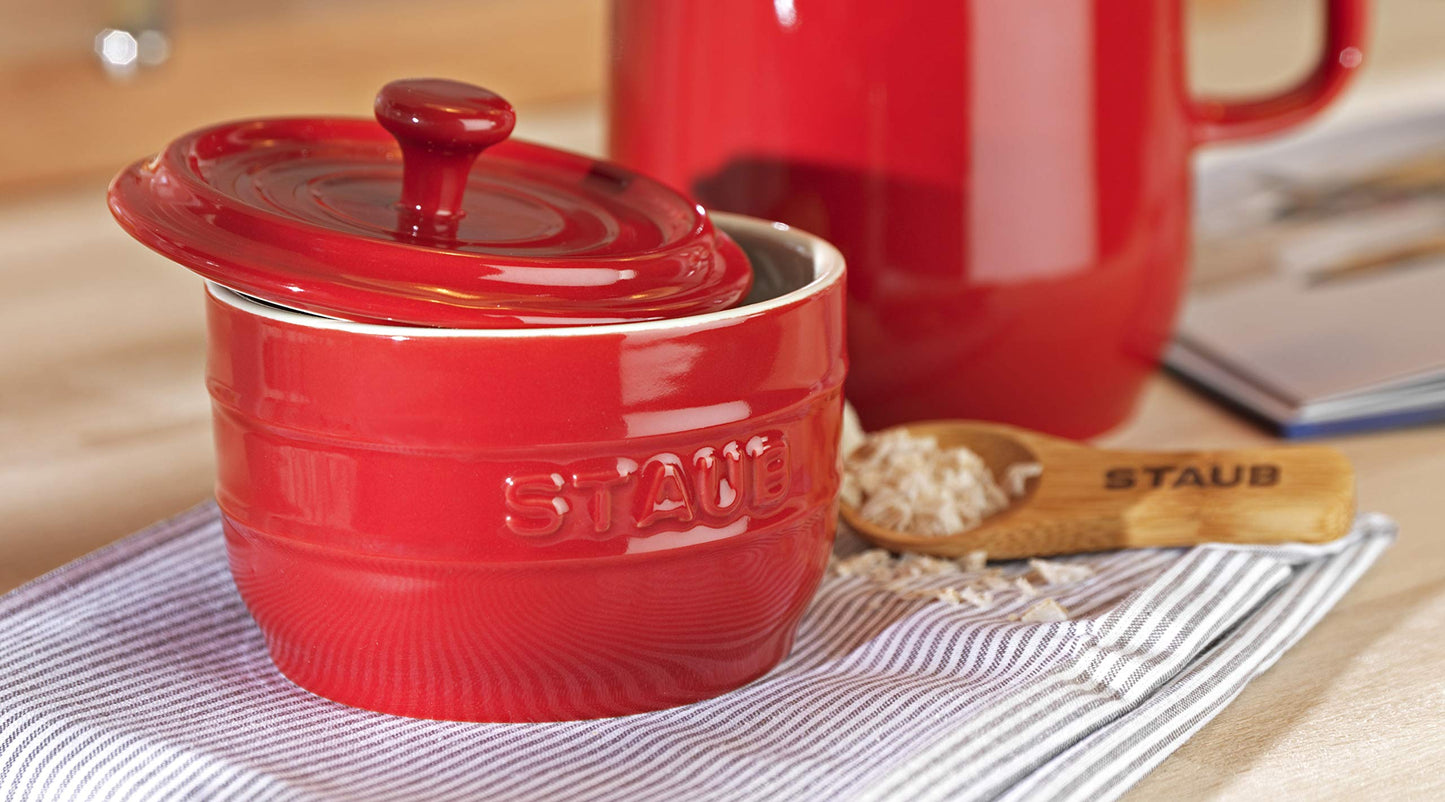 STUAB Kitchen Ceramic Salt Crock with Wooden Spoon - Cherry