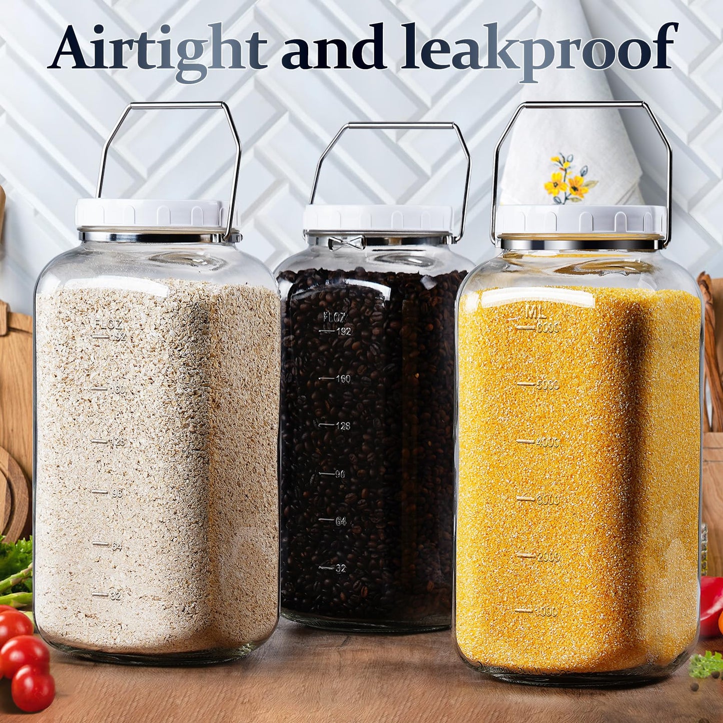 2 Gallon Large Glass Jar with Lid, Wide Mouth Storage Jars with Stainless Handle, Extra Big Glass Container with 2 Scale Mark for Storing Food, Kitchen Organization, 7400 ML/250 OZ
