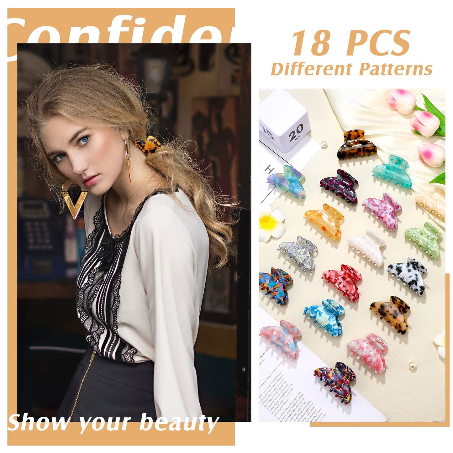 18 Pcs Hair Claw Clips Medium 2.6 Inch Tortoise Shell Hair Clips Banana Jaw Clips Celluloid French Design Barrettes Leopard Print Clip Accessories for Women Girls Hair Jaw Clip, Assorted Styles