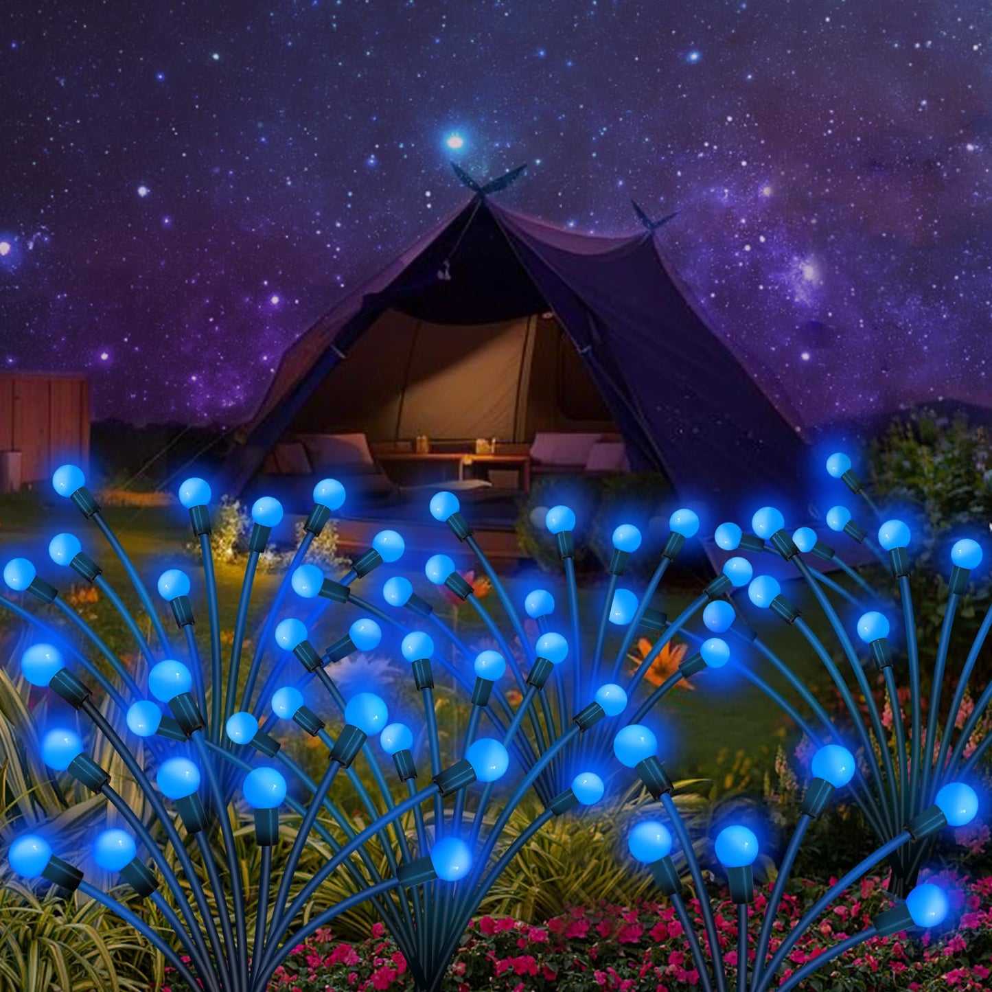 Solar Garden Lights Outdoor, 4 Pack 32 LED Solar Blue Firefly Lights Waterproof, Sway by Wind, Swaying Light for Yard Patio Backyard Garden Planter Flower Bed Pathway Outdoor Decoration
