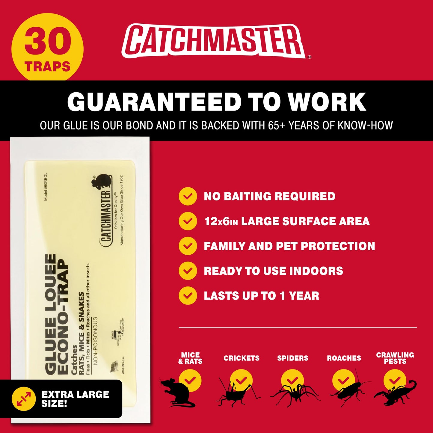 Catchmaster Gluee Louee Rat Extra Large Traps 30-PK, Heavy Duty Glue Trap, Mouse Traps for Home, Pest Control Adhesive Glue Boards for Inside House, Snake, Mice, & Spider Trap