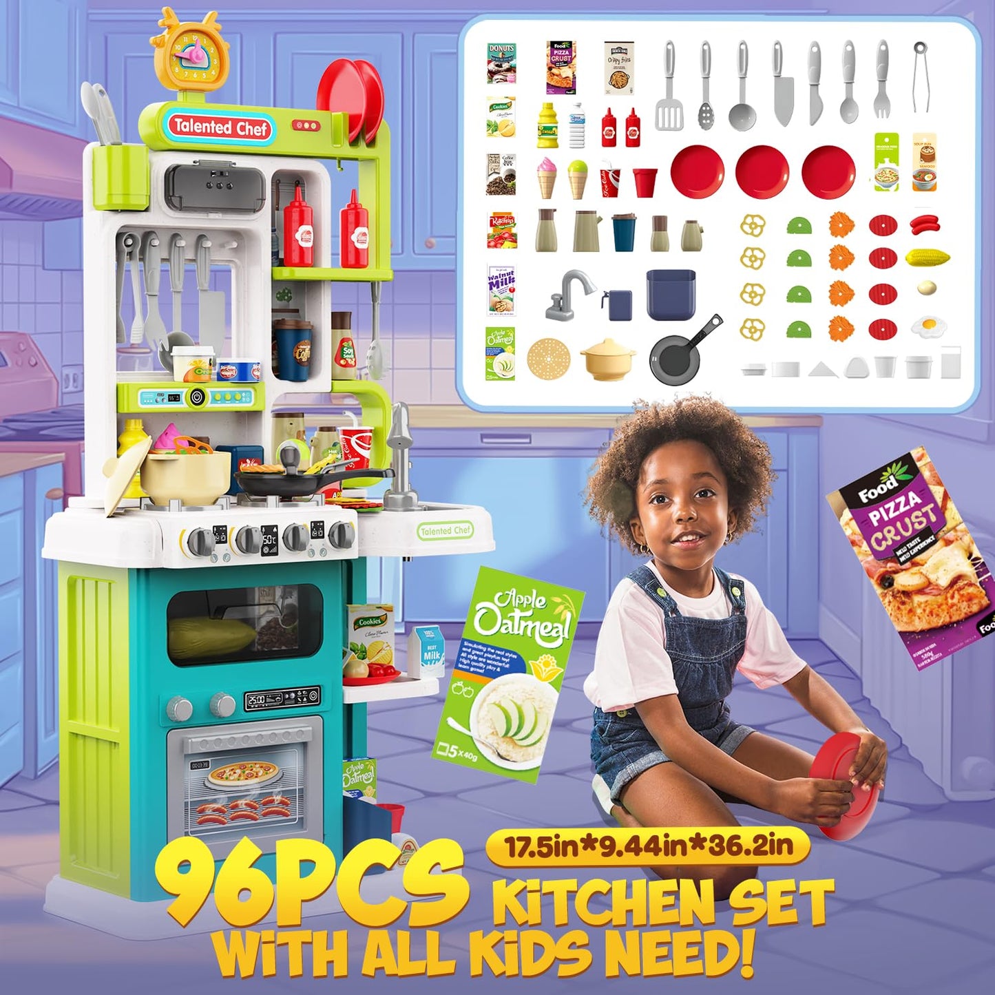 96PCS Kids Kitchen Playset, Play Kitchen with Sound & Light, Cooking Stove with Steam, Play Food Toy Kitchen Accessories, Play Sink, Oven, Pretend Play Kitchen Toys Set for Boys and Girls (Green)