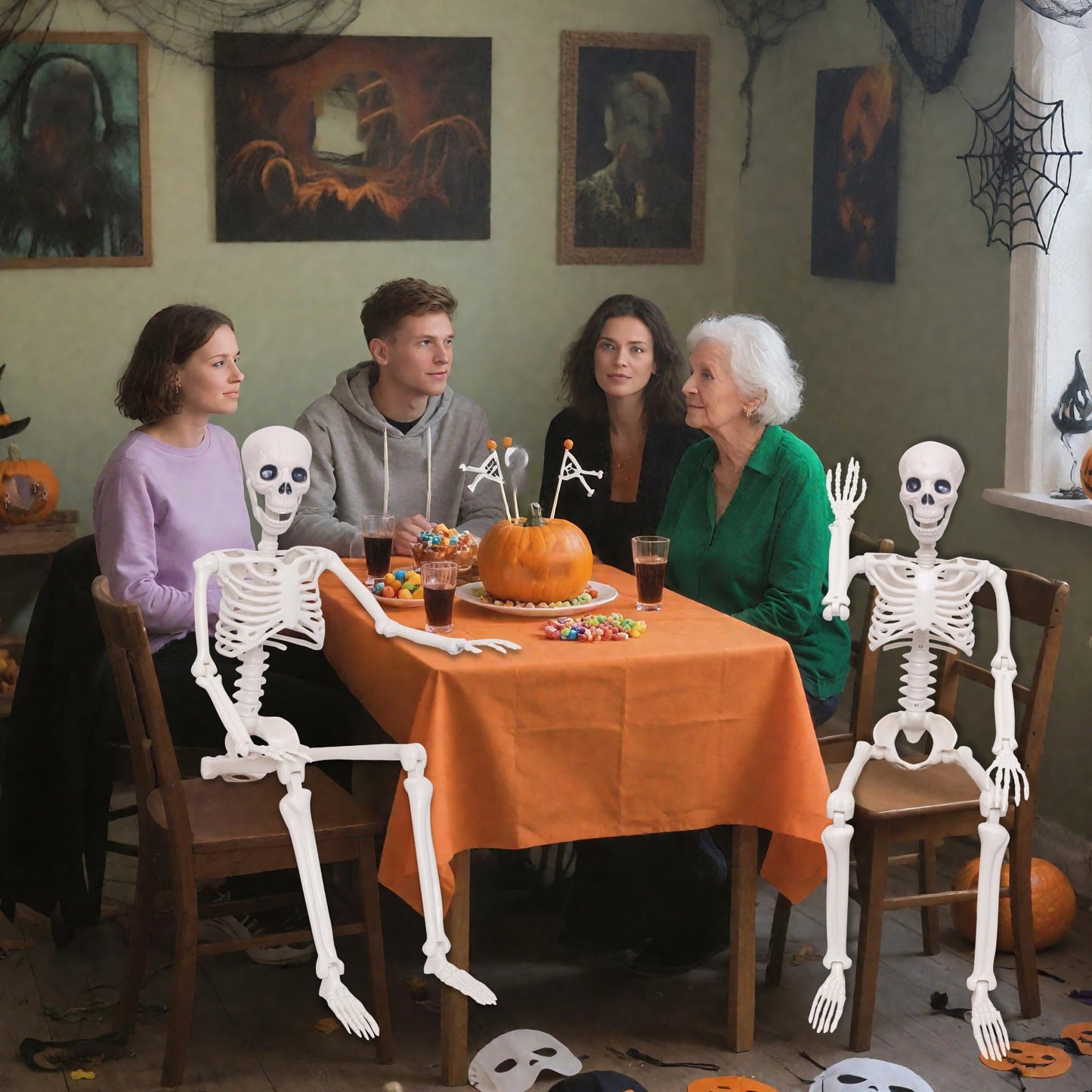 2Pcs Halloween Skeleton Decor,3Ft Life Size Skeleton with Movable Joint for Halloween Decorations