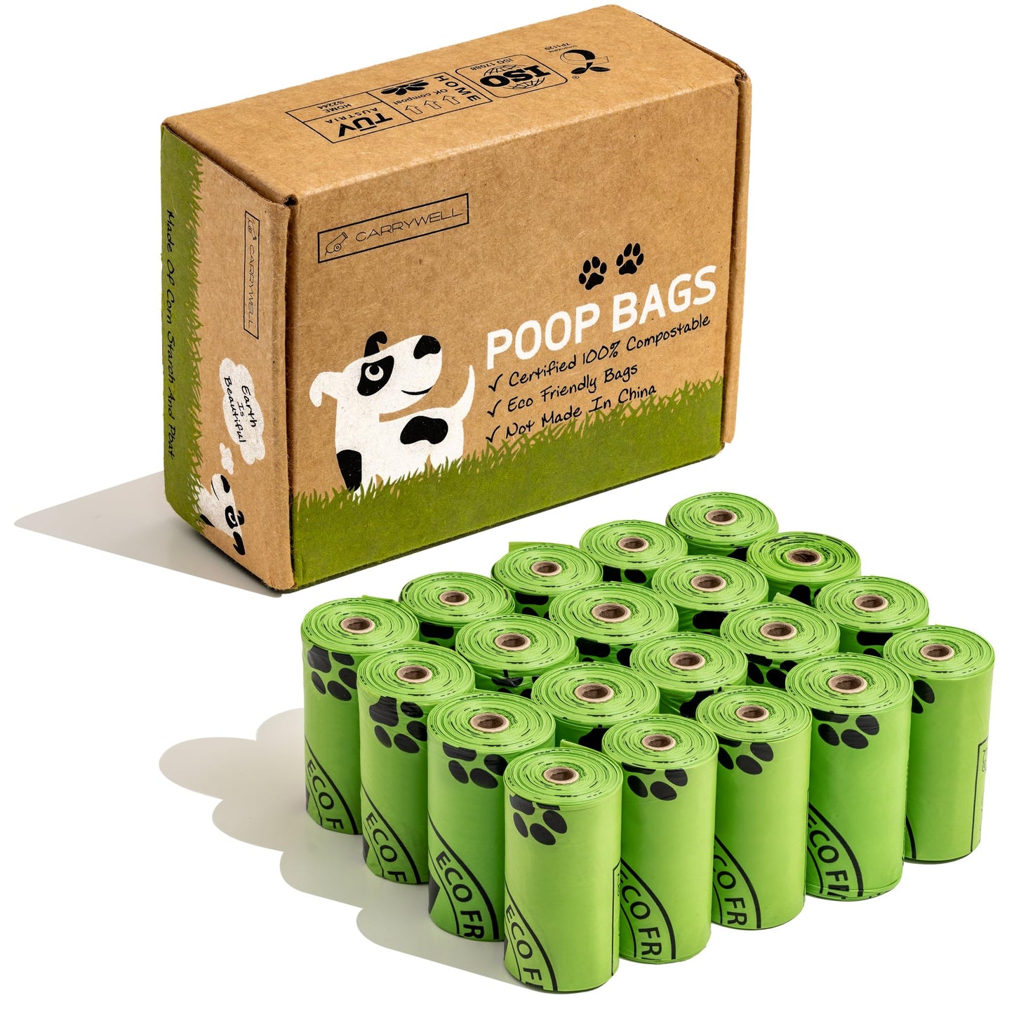 Carrywell (Not Made In China) 100% Certified Compostable Dog Poop Bags, Plant Based Dog Poop Bags, Corn Starch and PBAT, EN 13432 and TUV Austria certified, 300 Unscented Bags (15 Rolls), Green
