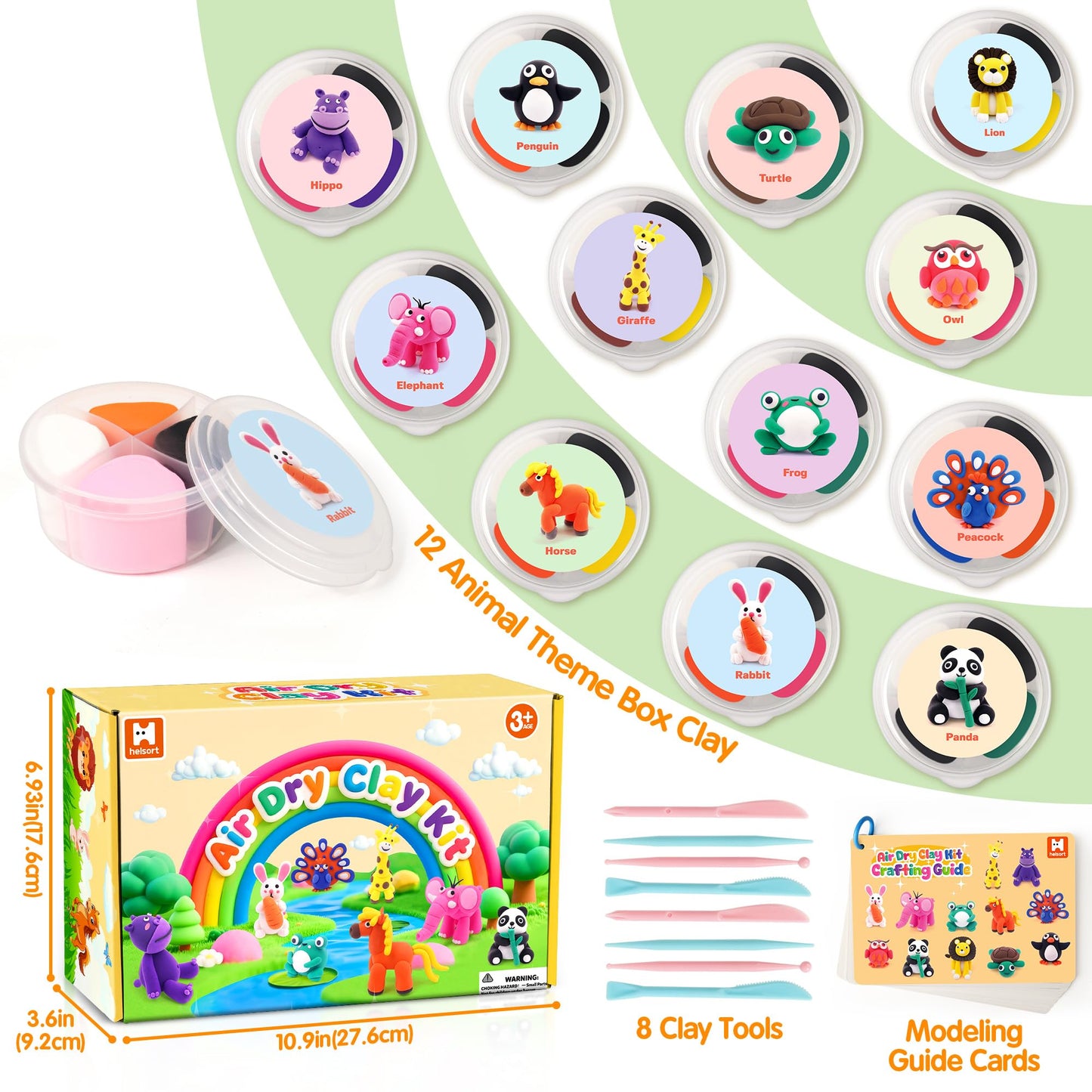 Air Dry Clay for Kids: 12 Animals Modeling Clay Kit with Tutorial Cards & Video, 8 Sculpting Tools, Ultra Light & Soft, Safe & Non-Toxic, DIY Art Crafts Toys Gift for Boys Girls