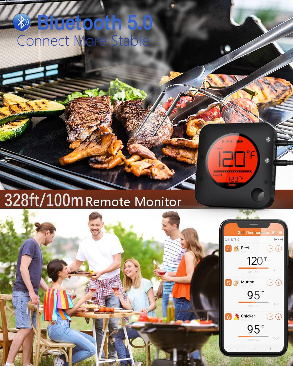 BFOUR BBQ Thermometer Wireless, Large LCD Digital Meat Thermometer Wireless with 2 Meat Probes, Bluetooth Meat Thermometer BBQ for Smoker Kitchen Cooking, Meat Thermometer for Grill BBQ and Oven