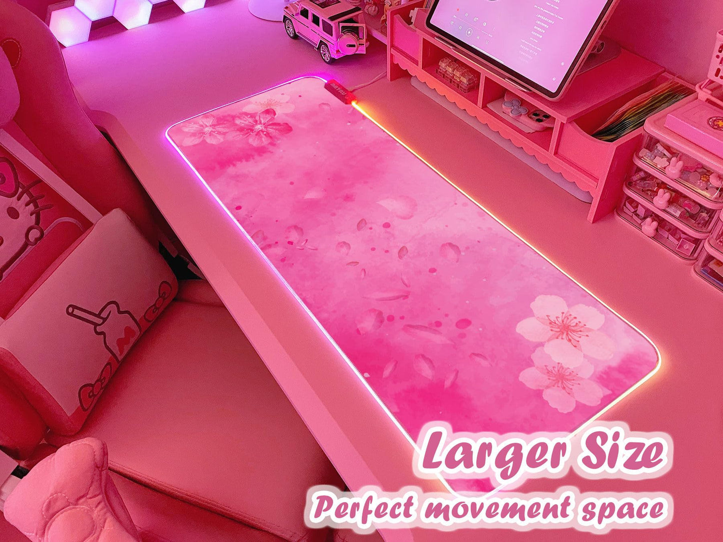 JMIYAV Pink RGB Gaming Mouse Pad 31.5x12 Inch PC XL Large Extended Mouse Pad Glowing LED Light Up Desk Pad Non-Slip Rubber Base Computer Cute Mousepad Mat Cherry Blossom