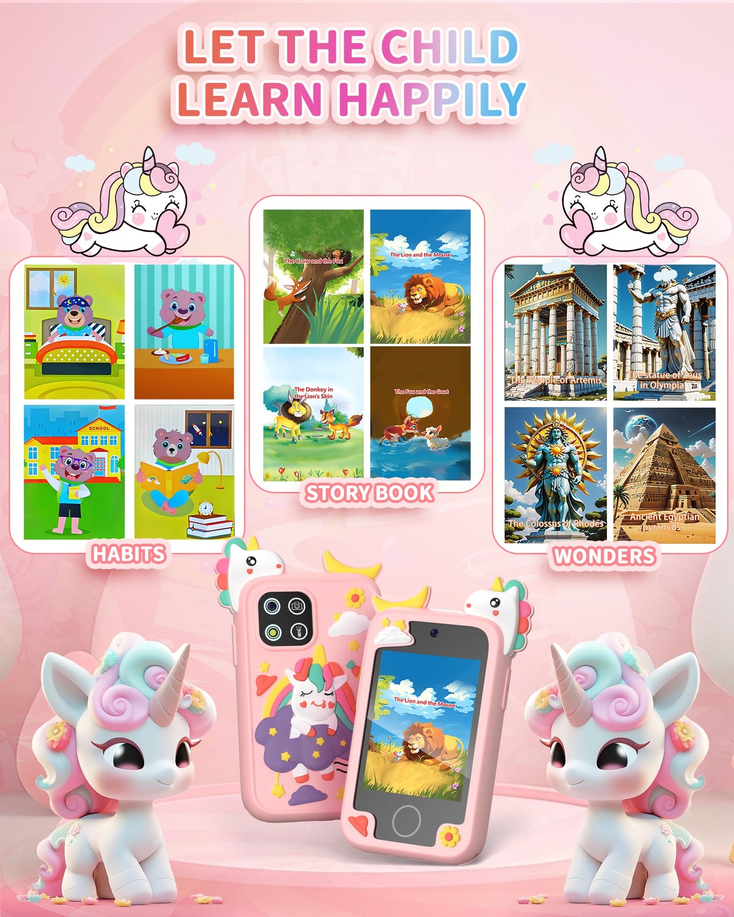 Upgrade Mini Kids Toy Pretend Smartphone, Unicorn Selfie Phone with 2.8” Touchscreen - Rich 20 Learning Games - Dual Camera - Music Player, for 3-10 Years Old Boys Girls, 32GB Card, Pink