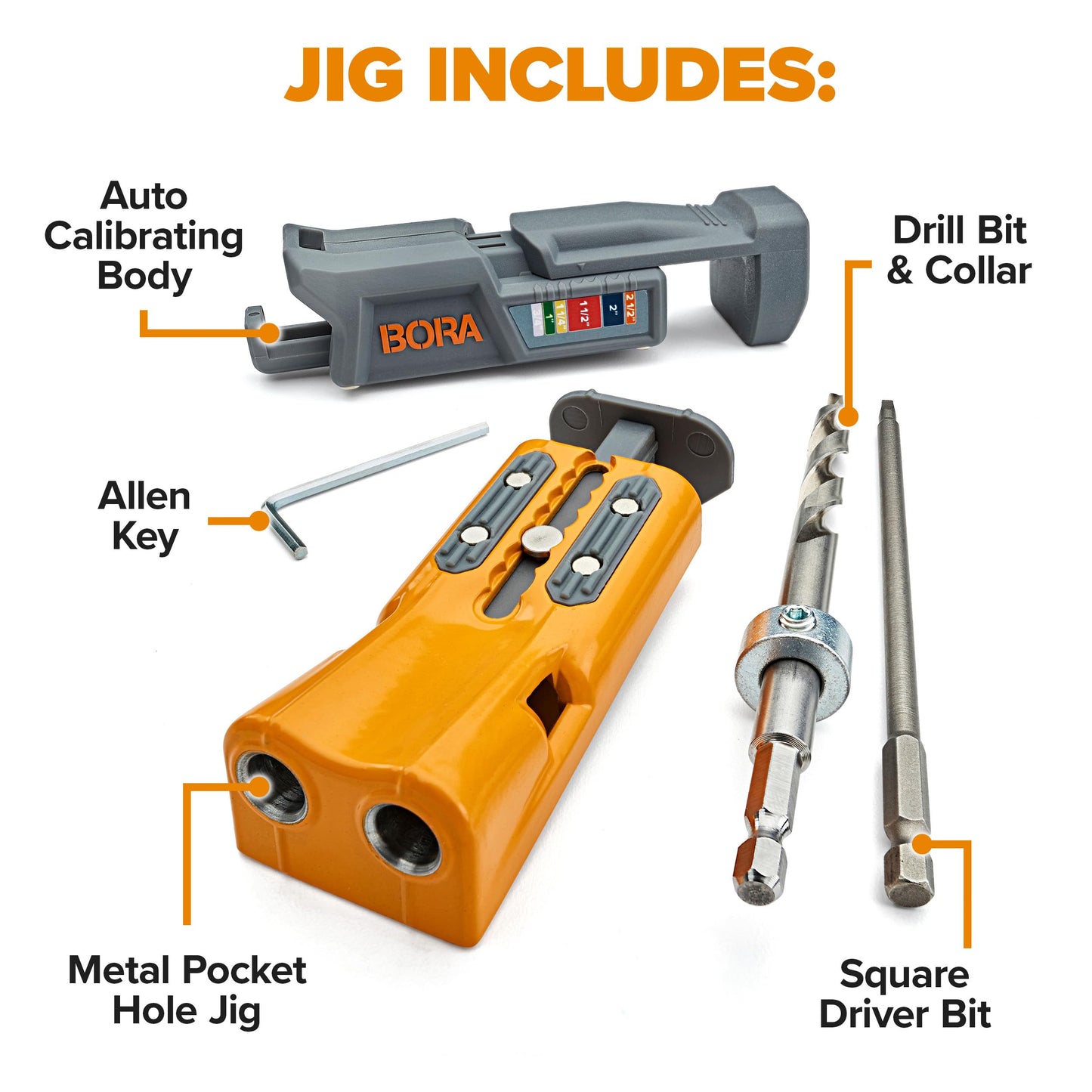 Bora Tools Mini Jig Pro Pocket Hole Jig with Onboard Storage – Self-Calibrating Design & Non-Slip Pads for Surface Protection
