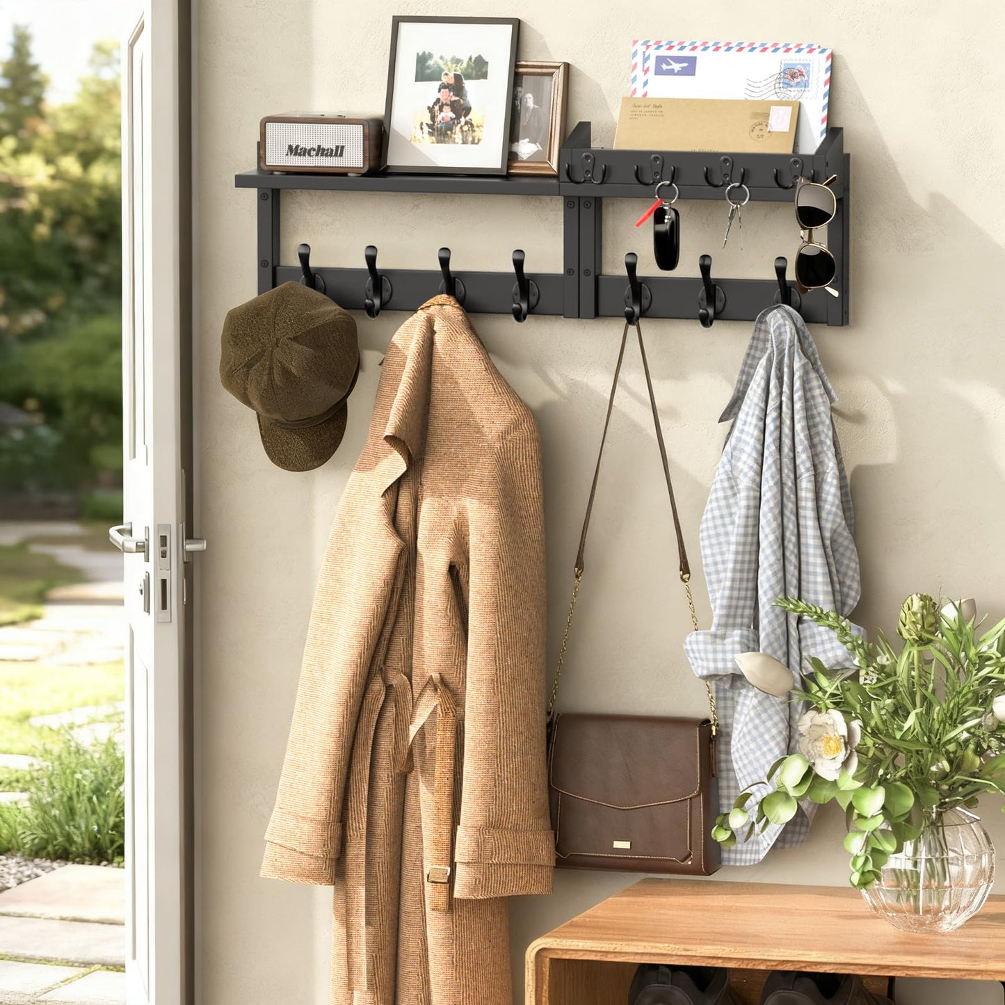 29'' Coat Rack Wall Mount with Shelf and Key Hooks, Solid Wood Key Holder Wall Mount, Farmhouse Wall Organizer for Mail, Entryway Wall Hangers for Hats, Clothes, Backpacks, Mudroom (Black)