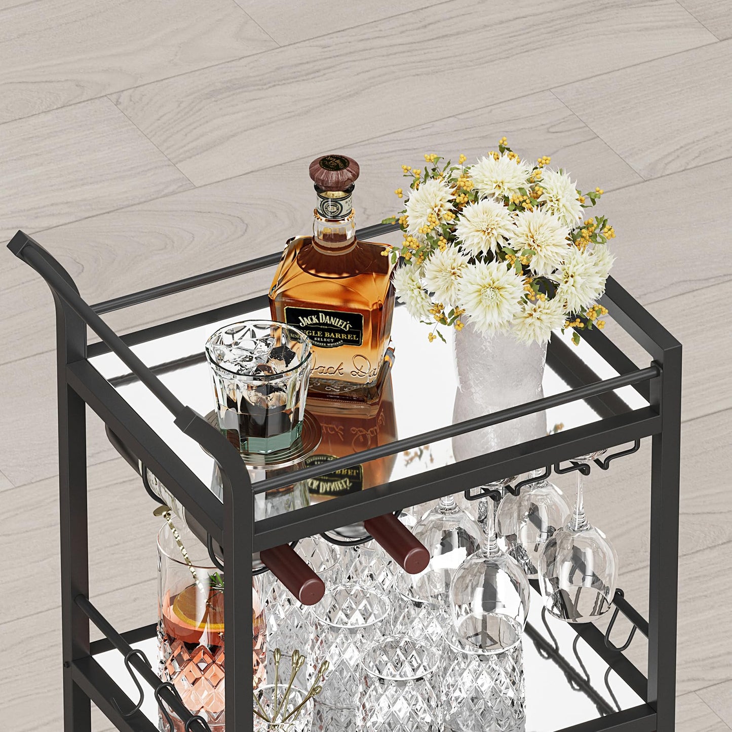 TUTOTAK Bar Cart, Home Bar Serving Cart with 3-Tier Mirrored Shelf, Wine Cart, Drink Cart, Mobile Kitchen Shelf, Black BC01BK034CA