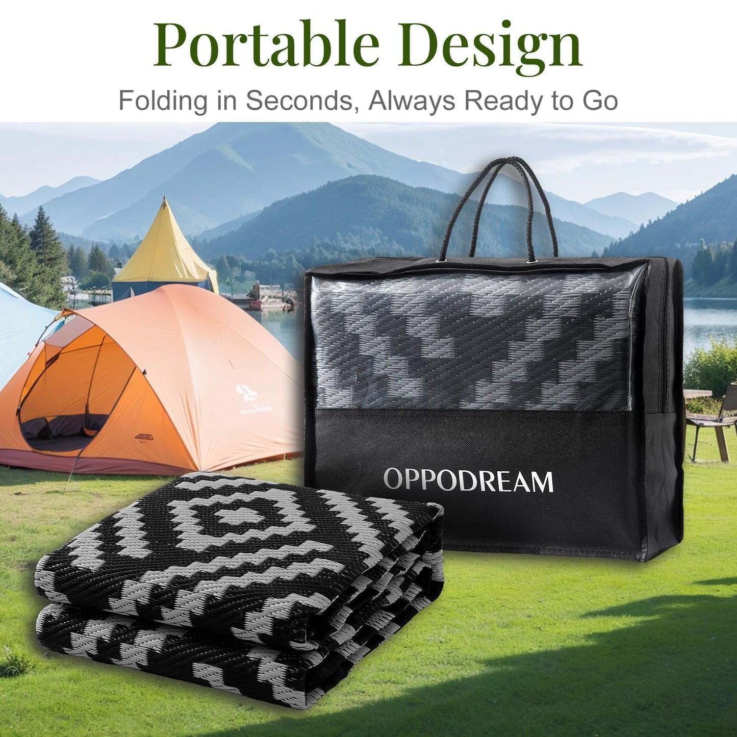 OPPODREAM Outdoor Rug 6x9 Ft, Waterproof Outdoor Plastic Straw Rug for Patio, Reversible Out Door Carpet for Camping, Deck, Rv, 6 x 9 Area Carpet Balcony, Porch, Backyard, Black and Grey