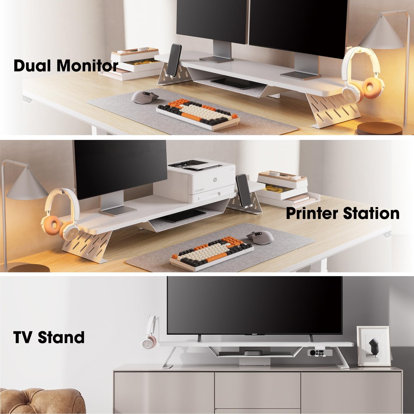 FENGE Monitor Stand Riser with Phone Holder and Headphone Mount 42.5 inch Large Computer Monitor Stands Wood+Steel Desktop Organizer, Metal Storage Shelf Max Load 66LBS White
