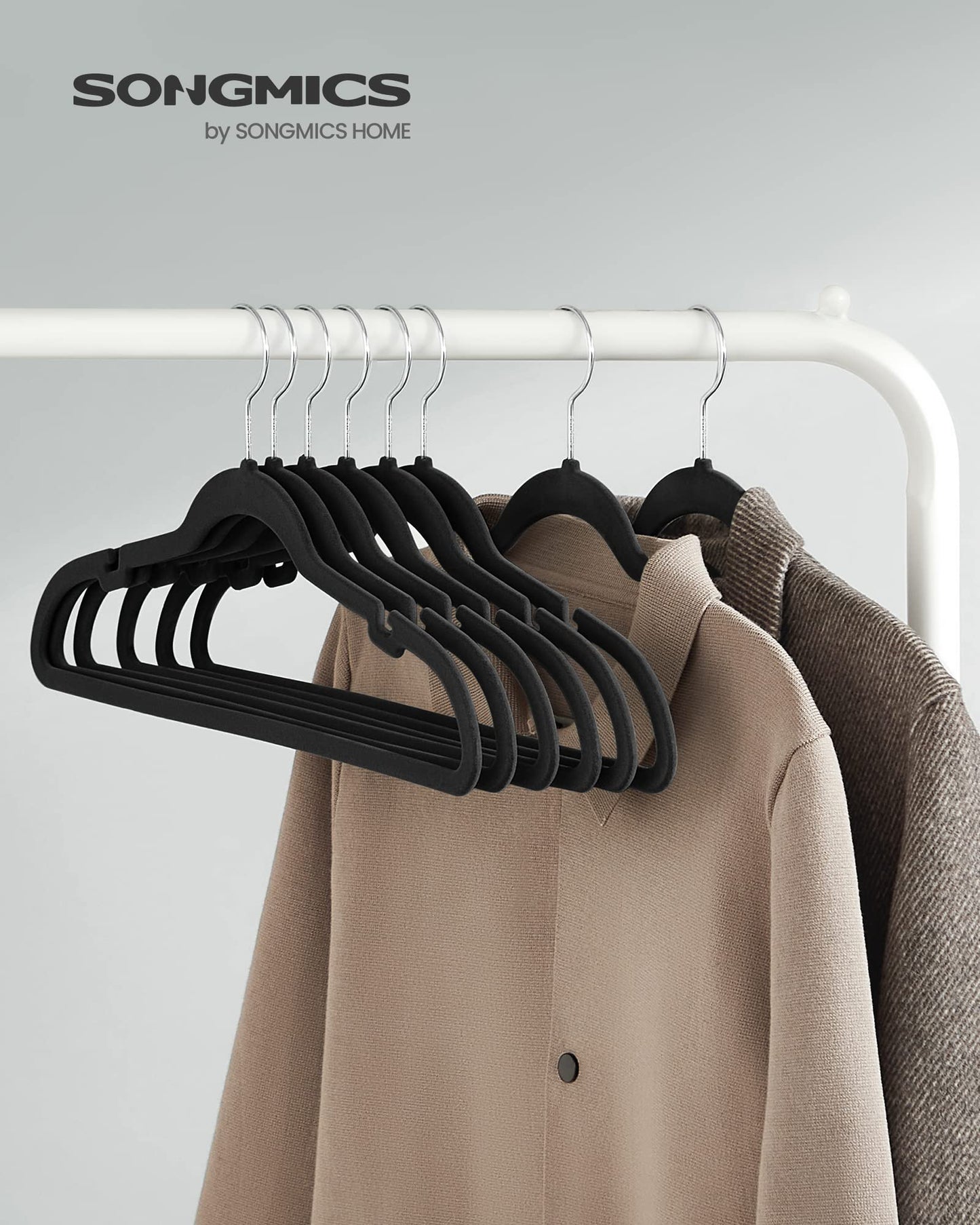 SONGMICS Velvet Hangers, Non-Slip Clothes Hangers with Shoulder Notches, Pants Bar, 360° Swivel Hook, Space-Saving, for Closet, 50 Pack, Ink Black UCRF029B05