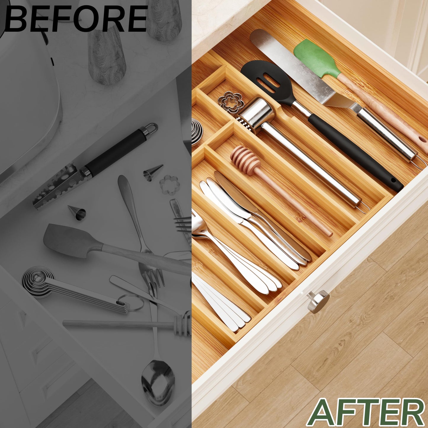 BAMEOS Utensil Drawer Organizer, Cutlery Tray Desk Drawer Organizer Silverware Holder Kitchen Knives Tray Drawer Organizer, 100% Pure Bamboo Expandable Adjustable Cutlery
