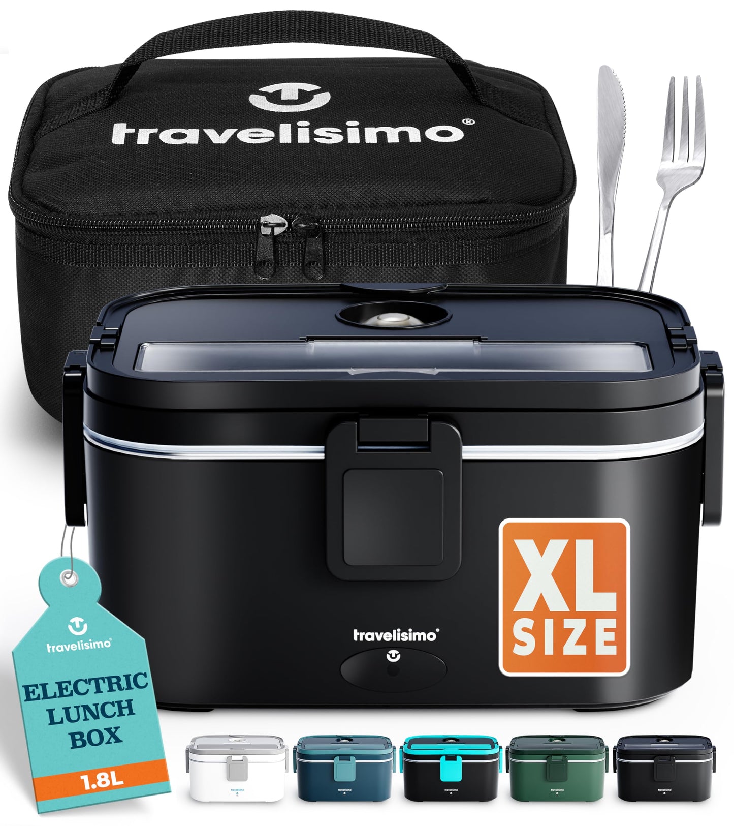 TRAVELISIMO Extra-Large Electric Lunch Box Food Heater 1.8L for Big Meals Heated Lunch Box for Men 100W Stainless Steel Portable Microwave 12V/24V/110V for Car/Truck/Office Portable Food Warmer