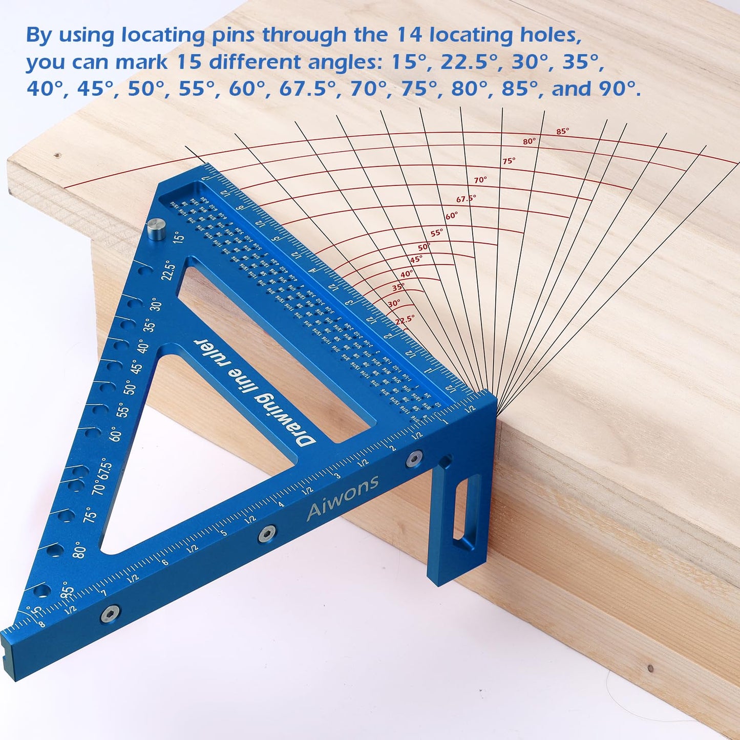 Aiwons 8.5inch 3D Multi-Angle Measuring Ruler -Large Precision Woodworking 3D Square Protractor 15-90 Degree and Miter Triangle Ruler - Aluminum Alloy Drawing Line Ruler for Engineer Carpenter Blue