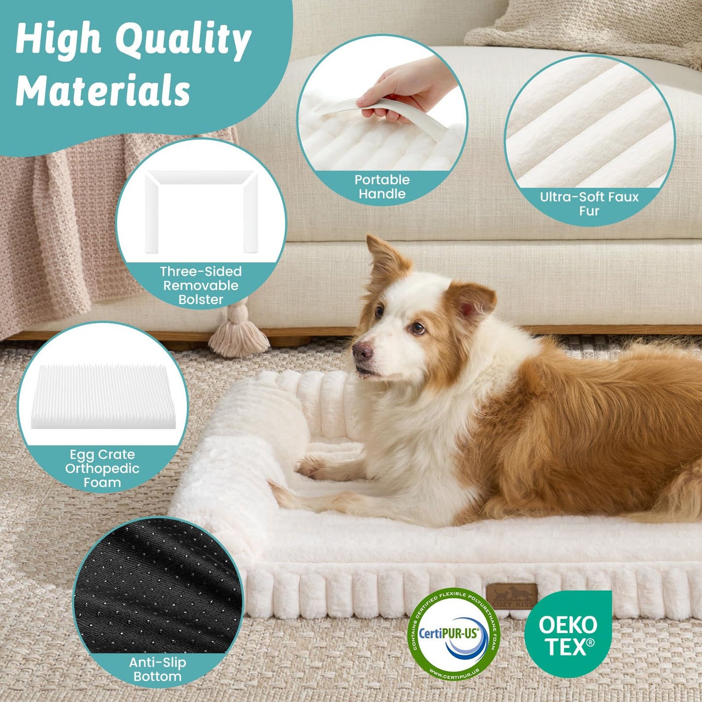 COZY KISS Cute Dog Bed for Large Dogs, Faux Fur Orthopedic Foam Dog Bed with Sides, Removable Washable Cover & Waterproof Lining, Comfortable Pet Couch, Cream (44" L x 32" W x 7" Th)