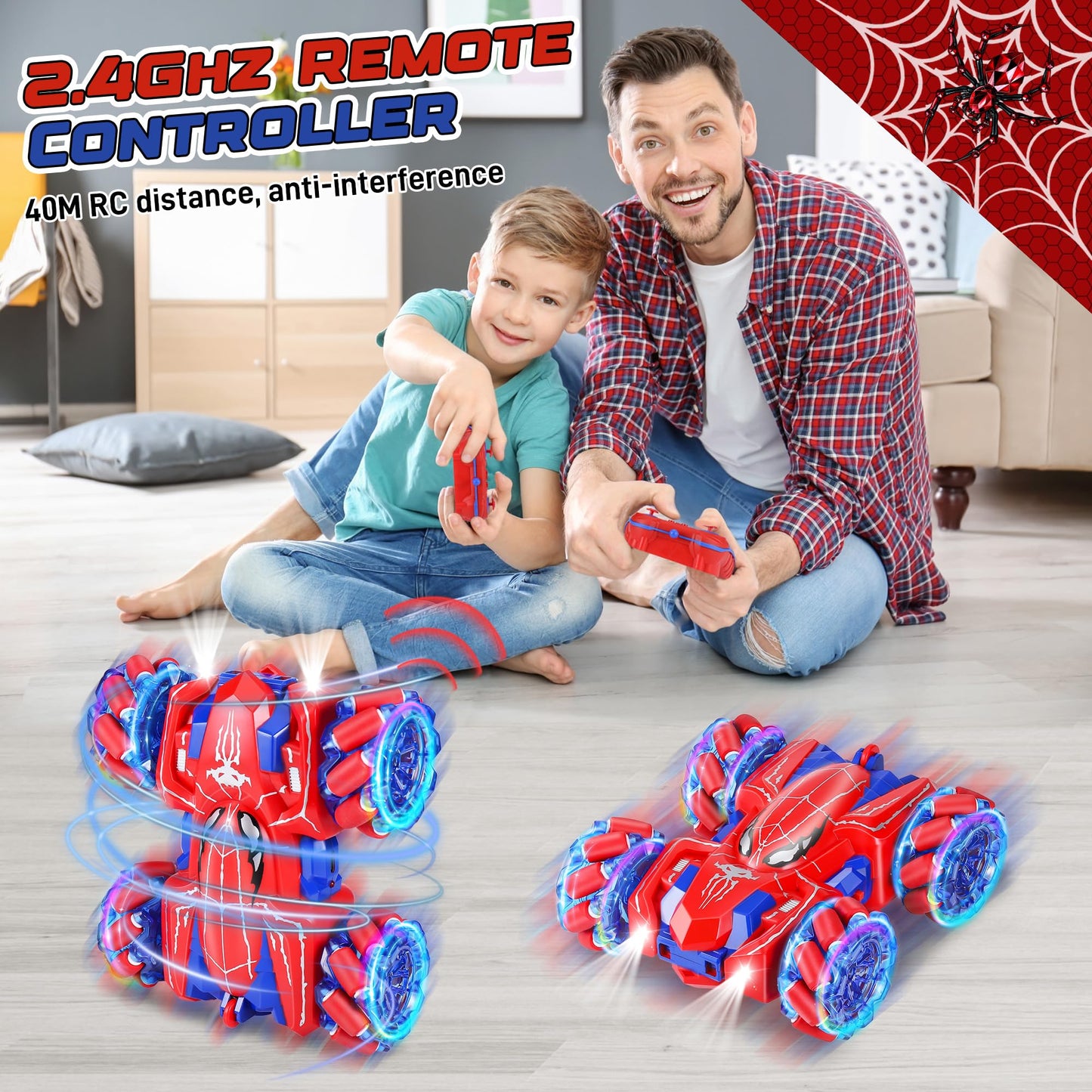 Kssvzz Spider Remote Control Cars for Kids, RC Stunt Car with Light Strip, 2.4 Ghz RC Cars, Boys Toys Age 4 5 6 7 8 9 10 Year Old, Car Toy for Boys Age 4-6 5-7 8-12, Rechargeable Spider Toys
