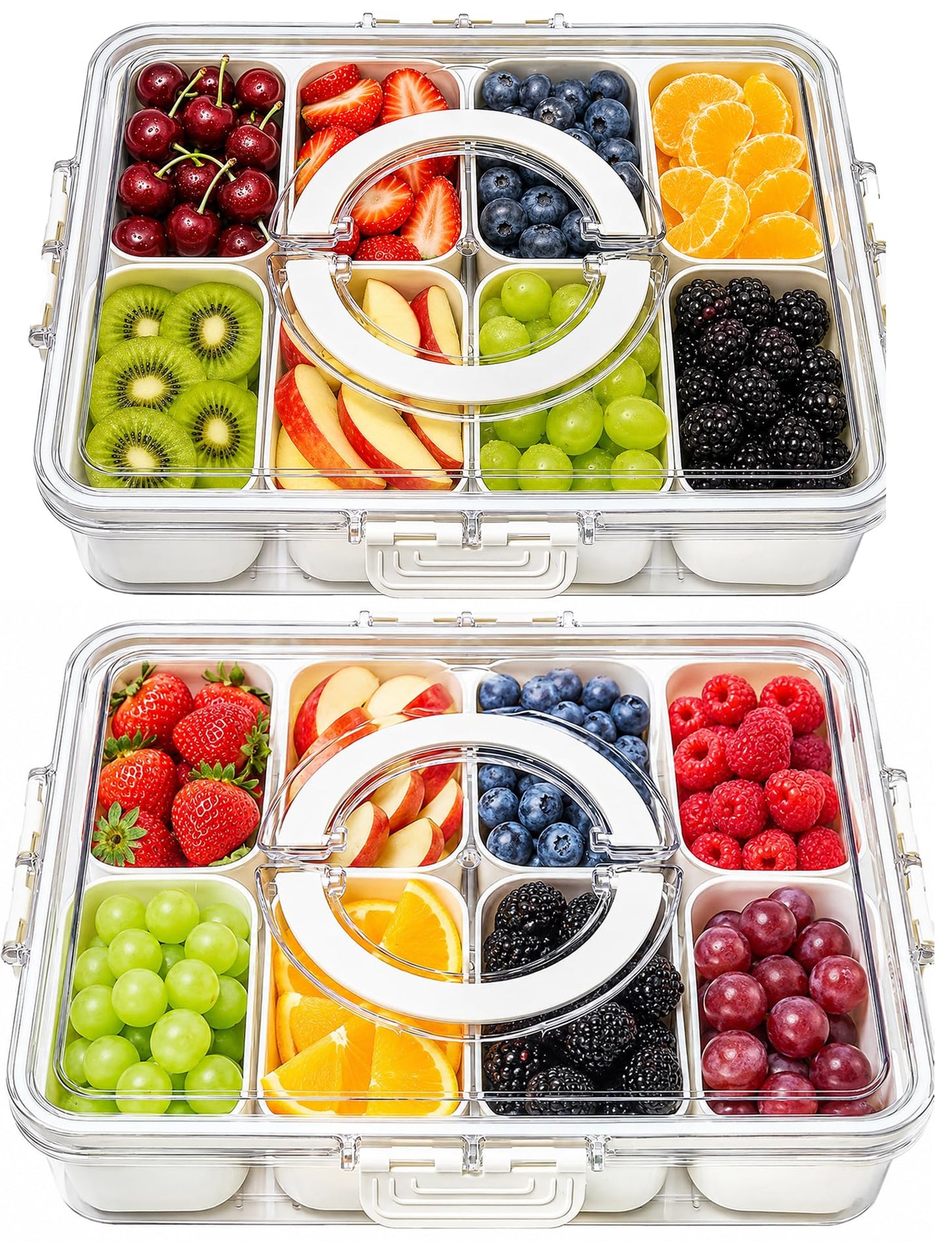 2 Pack Snackle Box with 8 Removable Compartments and Foldable Round Handle, Refrigerator-Safe Snack Organizer for Kids Sports, Fruit, Candy, Picnics, Road Trips, Baseball Games, Parties