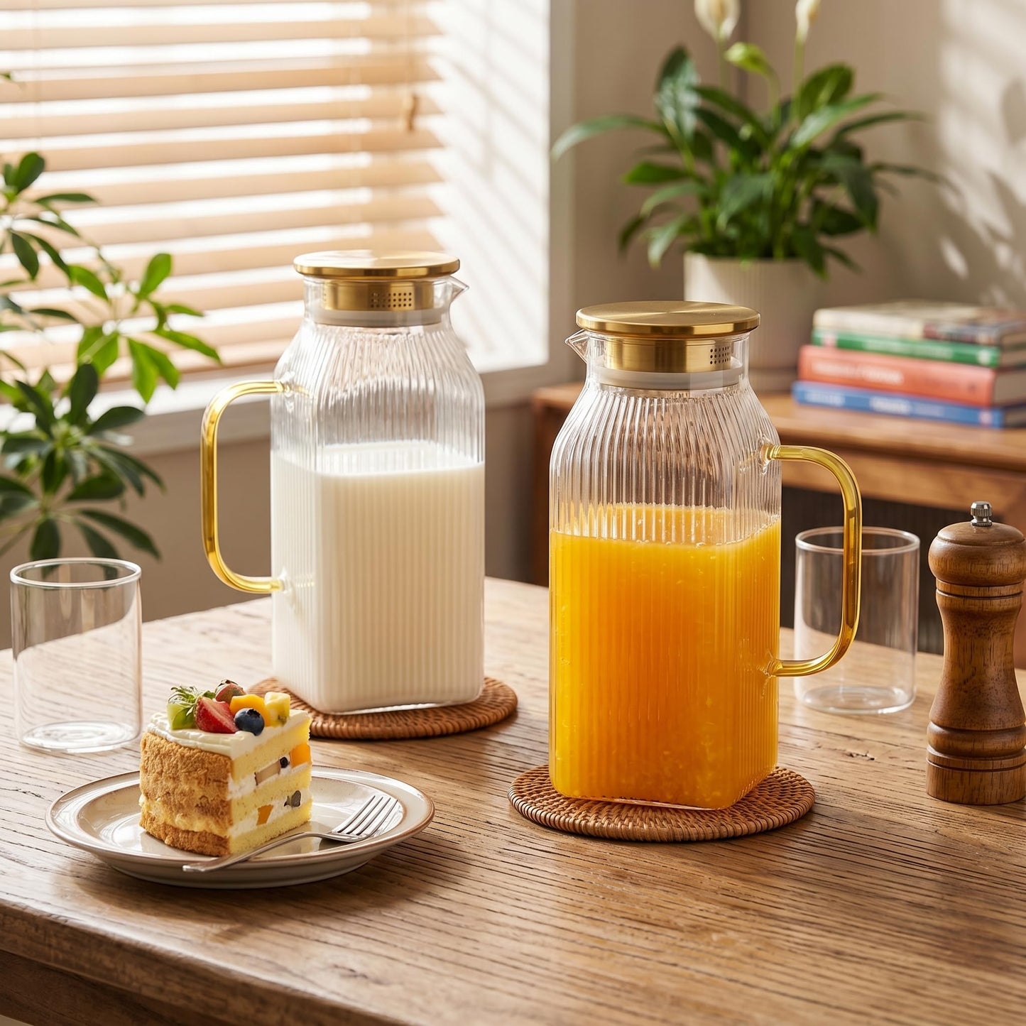 Doubleggs 2 Pack 2 Liter/68 oz Square Glass Pitcher with Lid, Classic Stripes Water Pitchers with Handle for Fridge, Borosilicate Glass Carafe for Iced Tea, Coffee, Hot and Cold Drinks