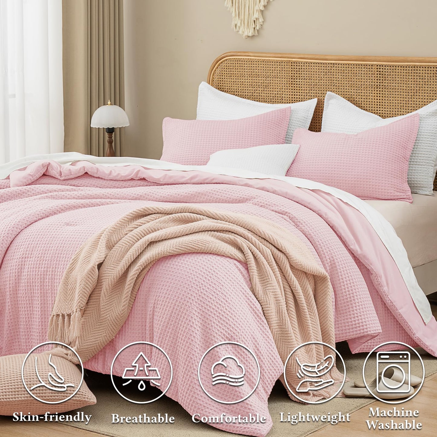 David's Home Waffle Weave Comforter Set 3PCS King Size, Soft Breathable Lightweight Warm for All Season, Elegant Aesthetic Home Decor Bedding Set Collection, 1 Comforter with 2 Pillow Shams, Pink