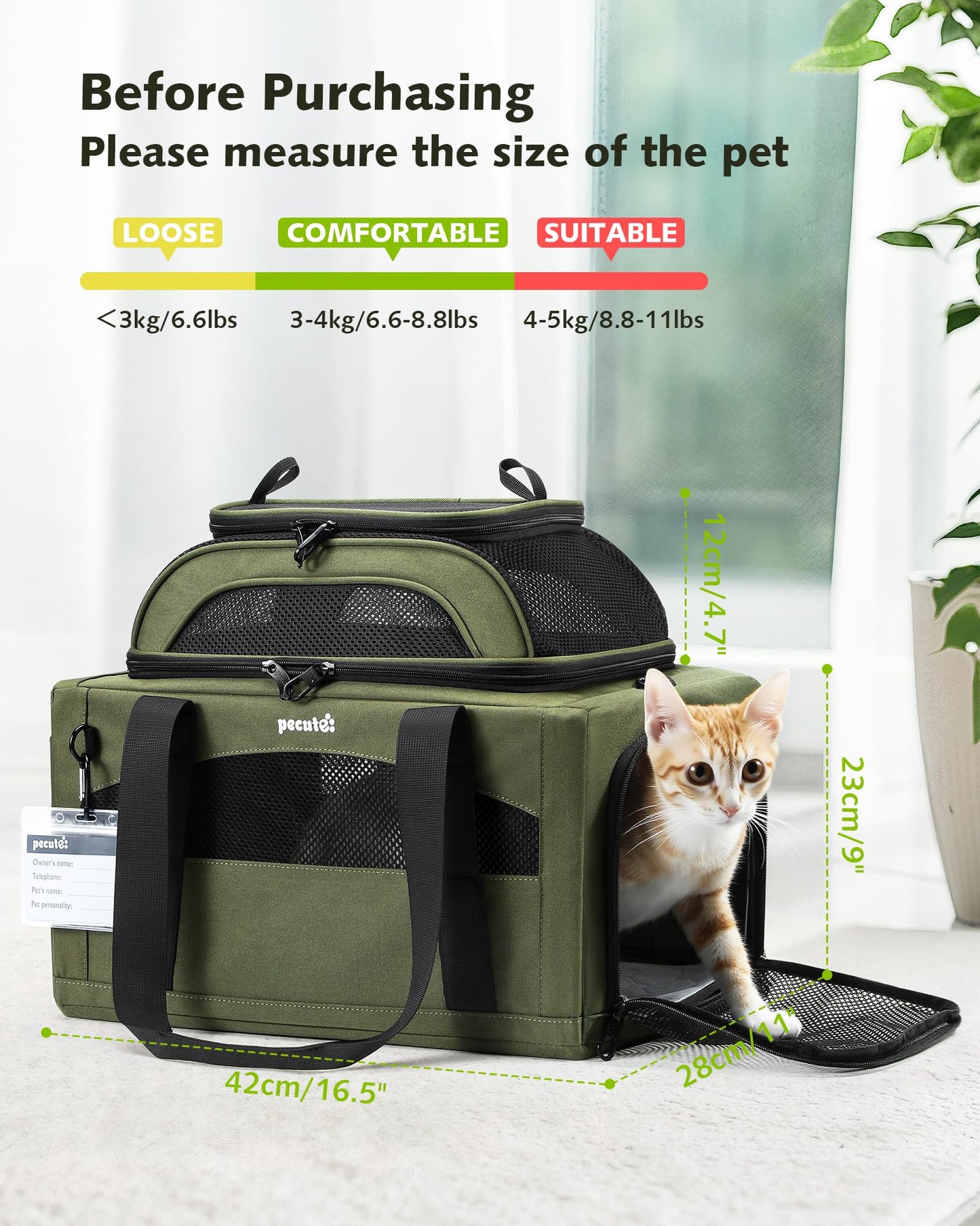 Pecute Top-Expandable Cat Carrier Airline Approved(42 * 28 * 23cm),Breathable Dog Carrier Soft-Sided Pet Carrier for Small Cats with Locking Safety Zippers and Waterprooff Pee Pad + Pet ID Tag,Green