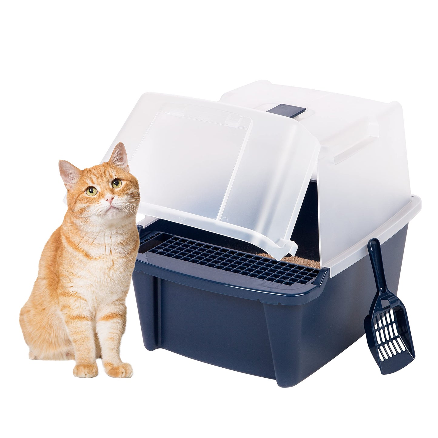 IRIS USA Covered Cat Litter Box with Scoop, Front Door Flap, Enclosed Kitty Litter Box for Privacy, Portable & Easy to Clean, Navy