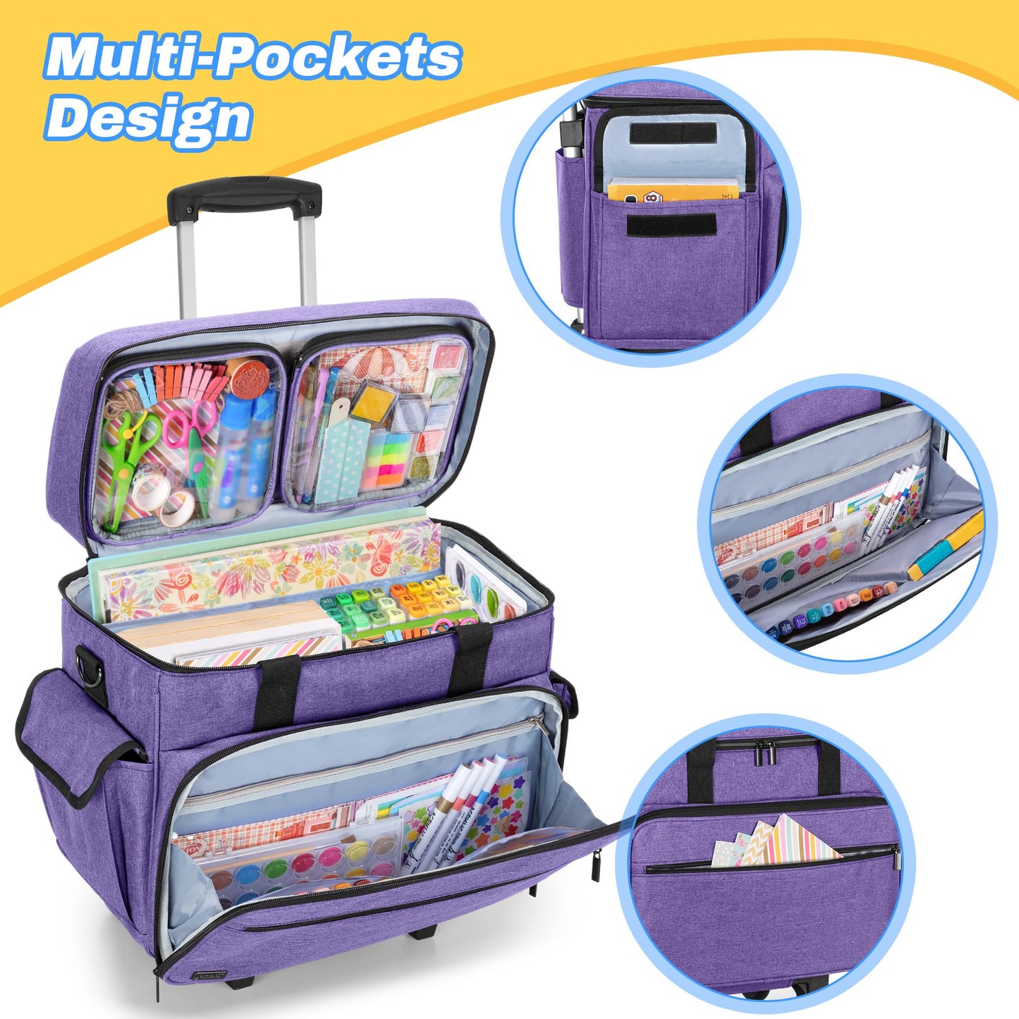 Teamoy Rolling Scrapbook Tote with Detachable Wheels, Rolling Craft Bag with Bottom Wooden Pad, Scrapbook Storage Bag for Women, Purple