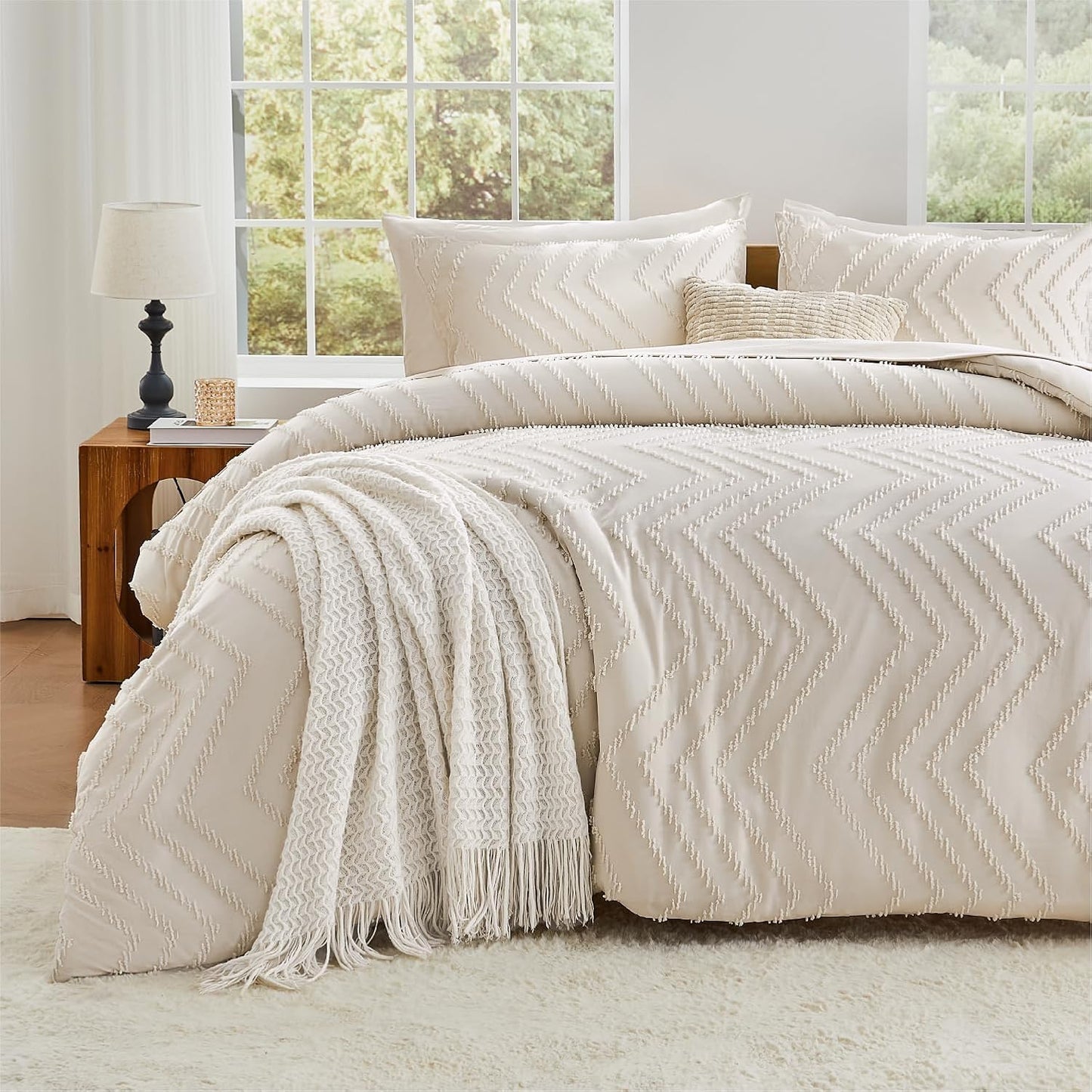 Andency Comforter Queen Size with Sheets Beige，7 Pieces Bed in a Bag Queen Cream Chevron Boho Soft Warm Tufted Neutral Bedding Sets with Comforter, Sheets, Pillowcases & Shams