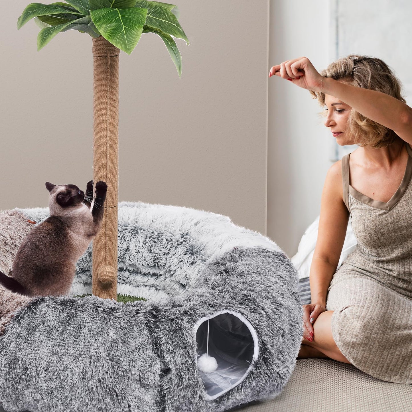Odoland Extra Large Cat Tunnels for Indoor Cats, Fluffy Cat Bed and Collapsible Donut Cat Tube with 20pcs Cat Toys for Chewing Playing