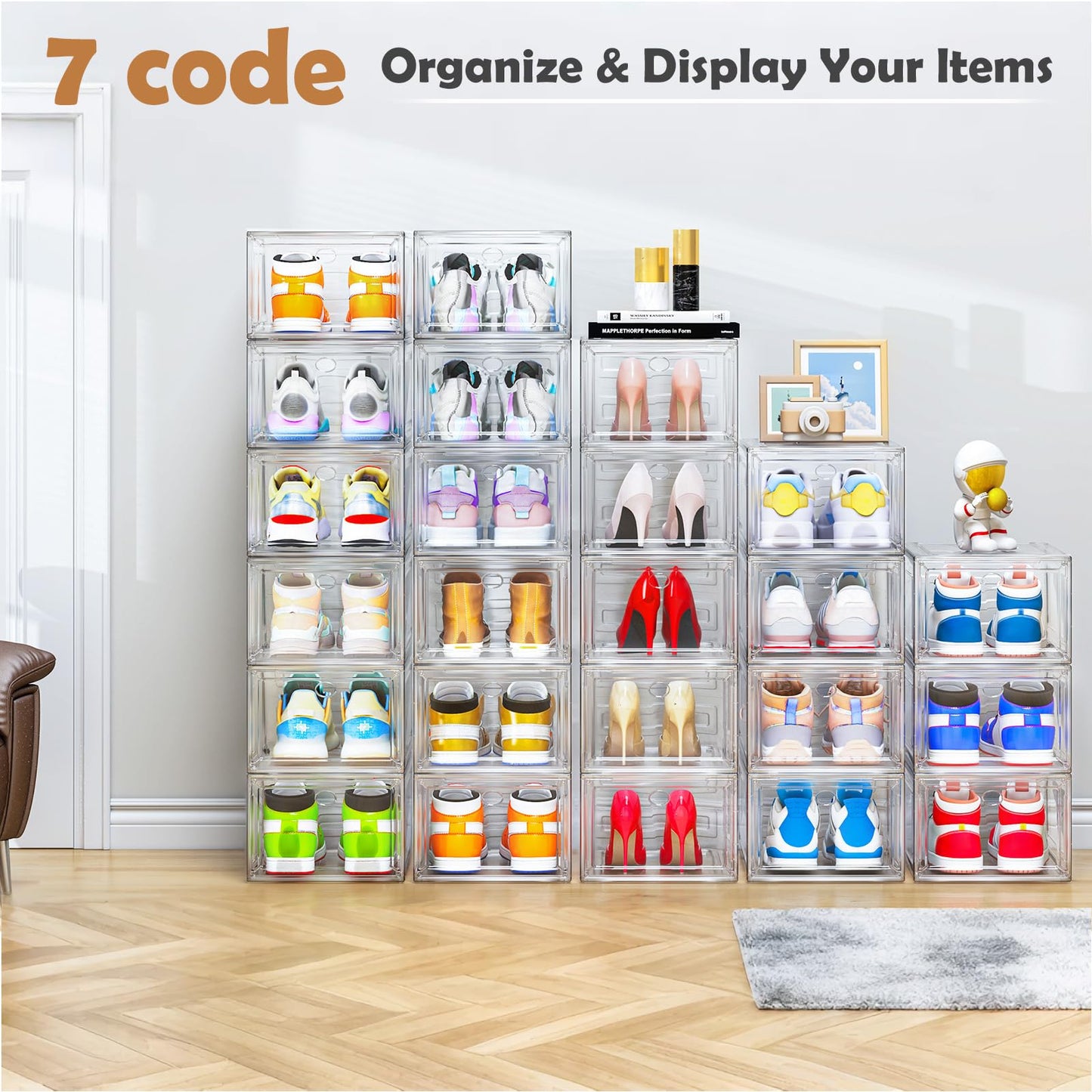 Large Clear Shoe Boxes Organizer [Thicker Material] Stronger Shoe Box with Magnetic Door, Stackable Shoe Storage Box for Closet, Foldable Space-Saving Storage Bins Shoe Cabinet, Clear White, 9-Pack
