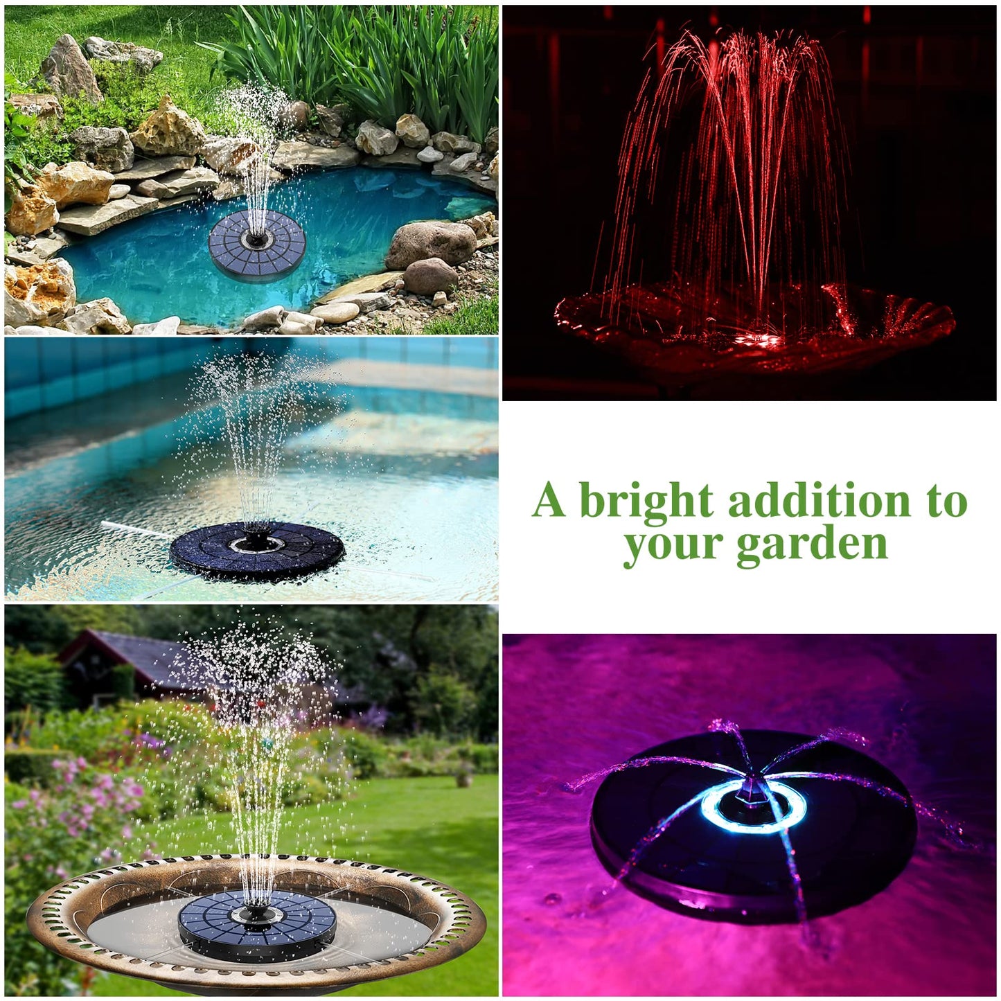 AISITIN 5.5W LED Solar Fountain Pump Upgraded Solar Bird Bath Fountain Diameter 8.27inch Solar Water Fountain with 7 Nozzles Solar Powered Fountain Pump for Bird Bath, Garden, Fish Tank, Patio, Pond