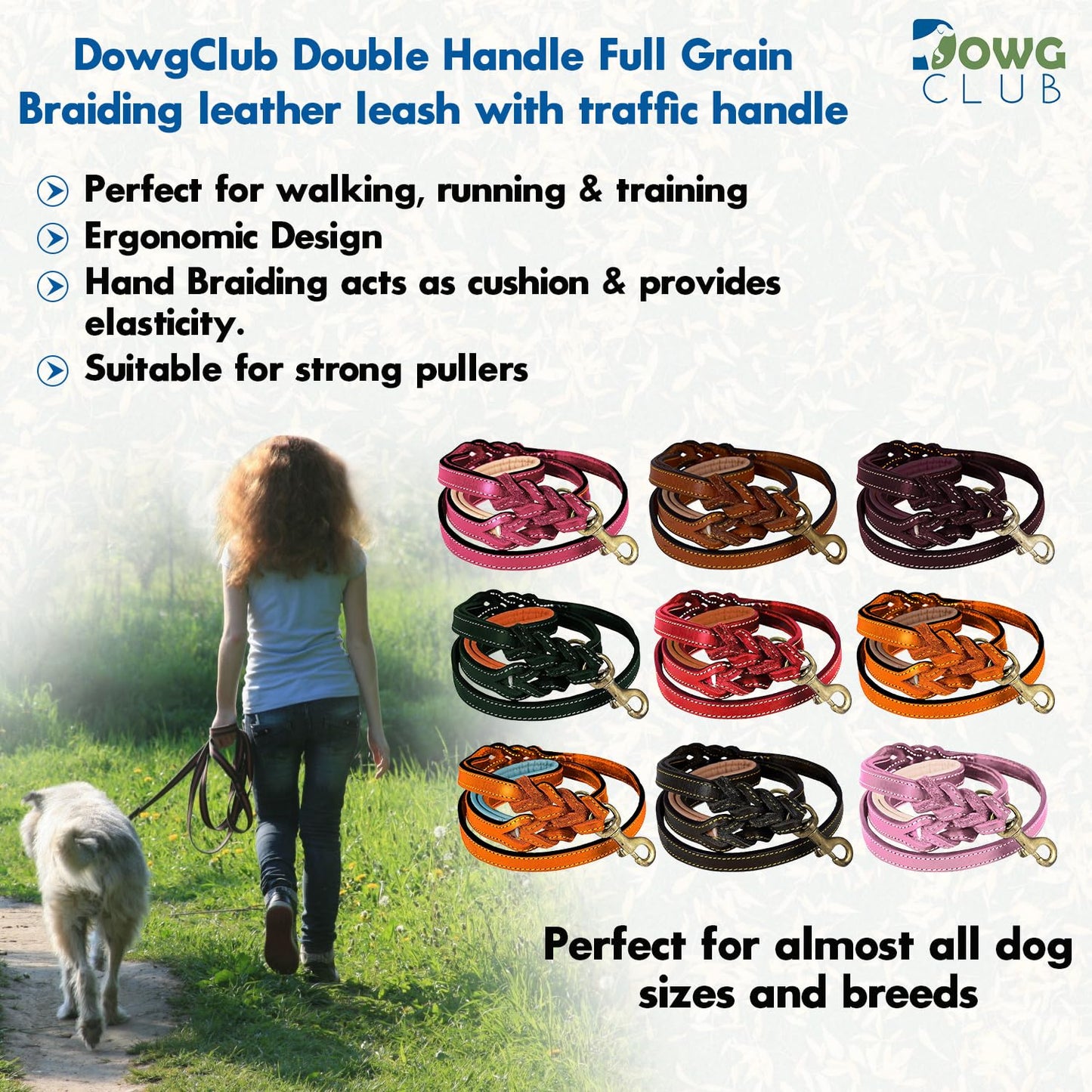 DowgClub | 6' Heavy Duty Genuine Leather Dog Leash for Small, Medium & Large Breeds | Hand Made, Hand Braided | 2 Handle Design | Soft Cushion Handle | Black, Brown & Tan | 6' x ¾”